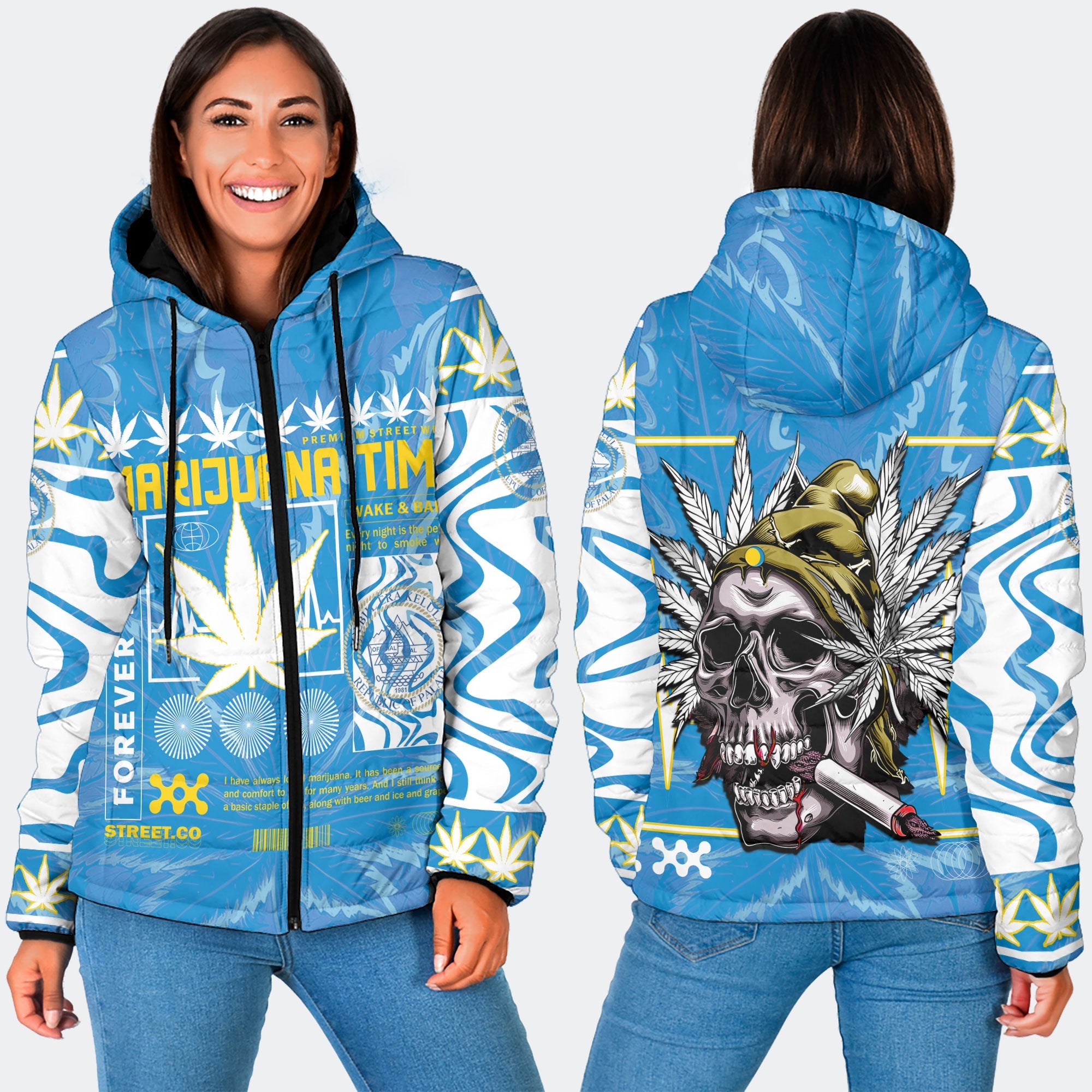 Palau Women Hooded Padded Jacket Flag & Coat Of Arms Marijuanas Style