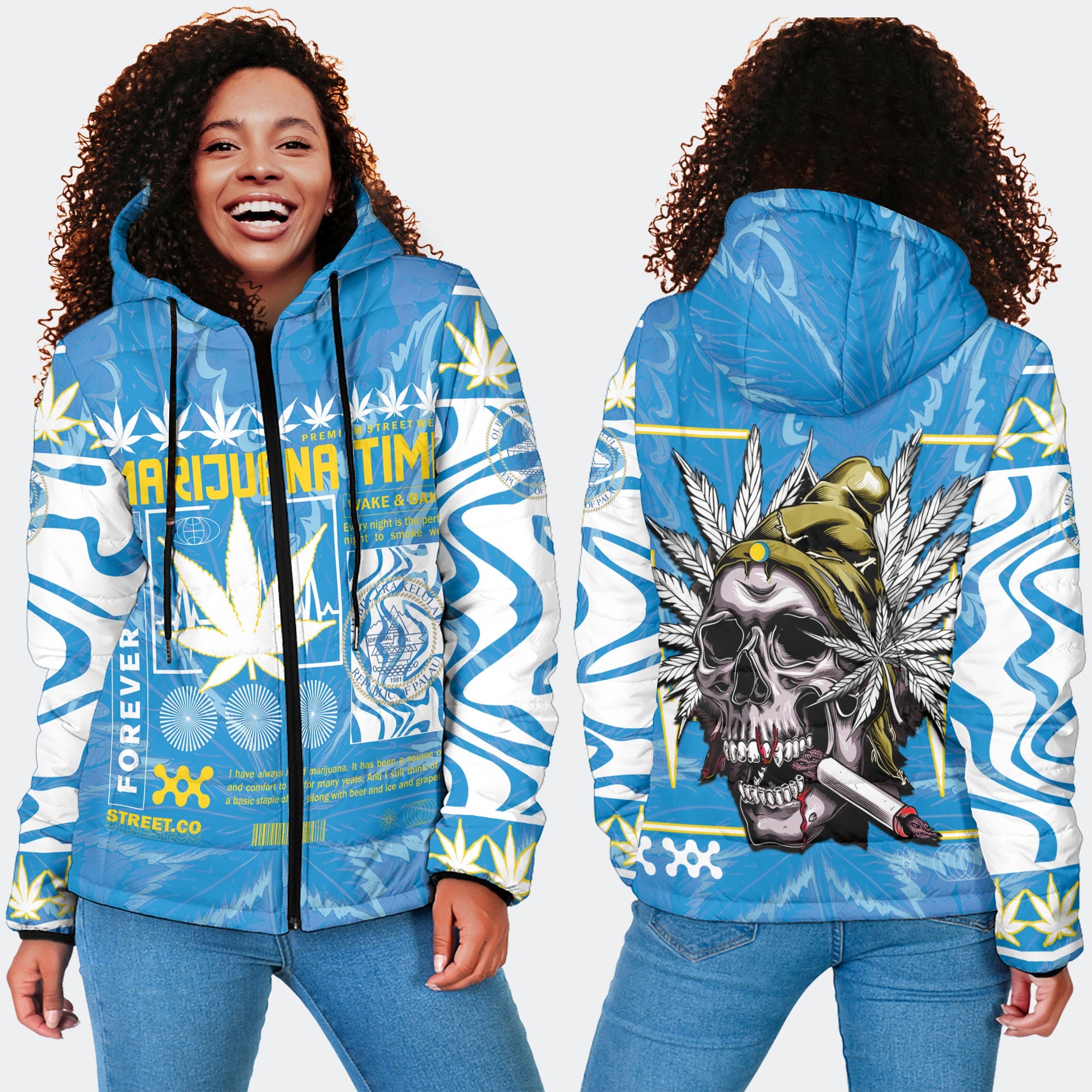 Palau Women Hooded Padded Jacket Flag & Coat Of Arms Marijuanas Style