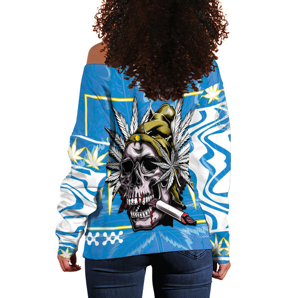 Palau Women Off Shoulder Sweatshirt Flag & Coat Of Arms Marijuanas Style