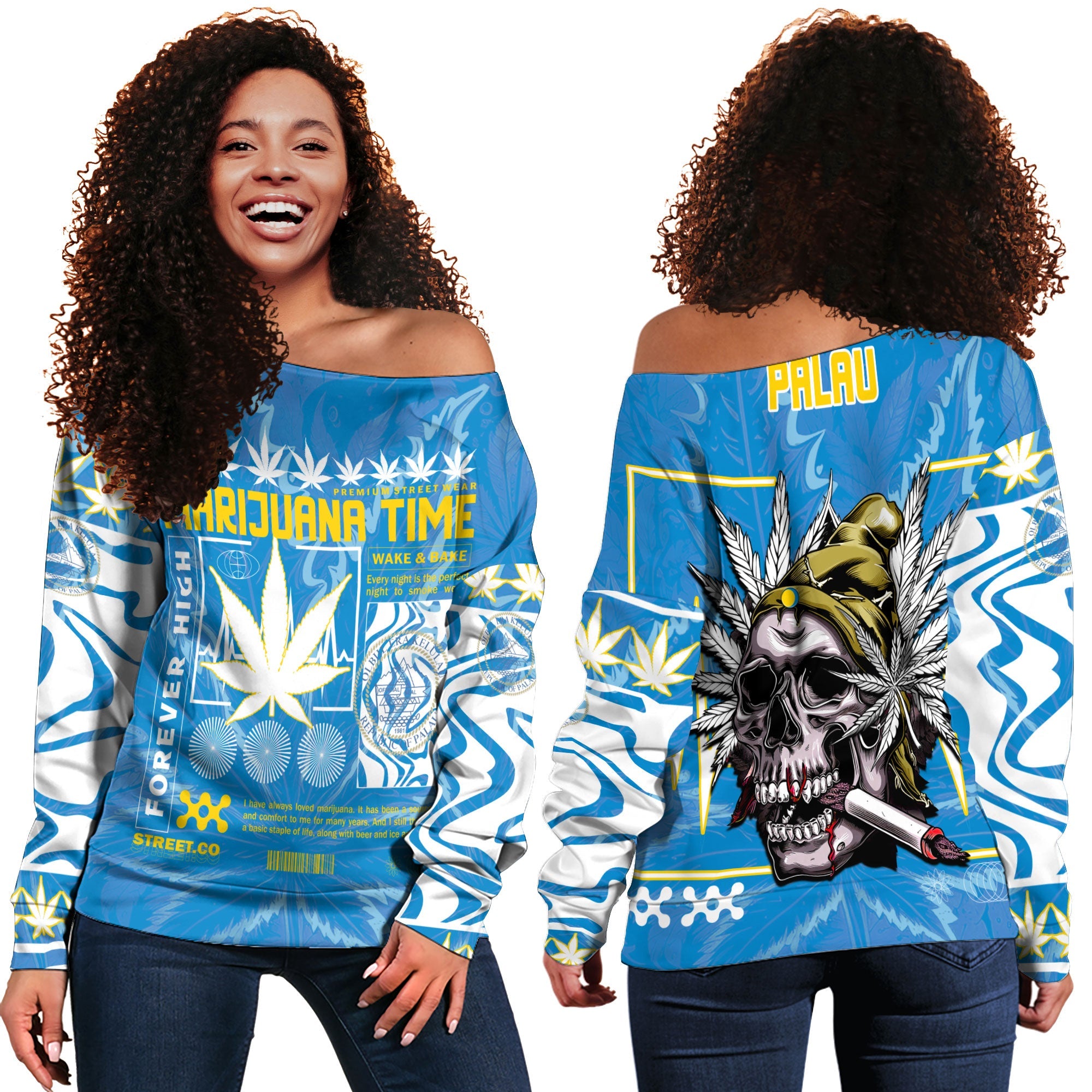 Palau Women Off Shoulder Sweatshirt Flag & Coat Of Arms Marijuanas Style