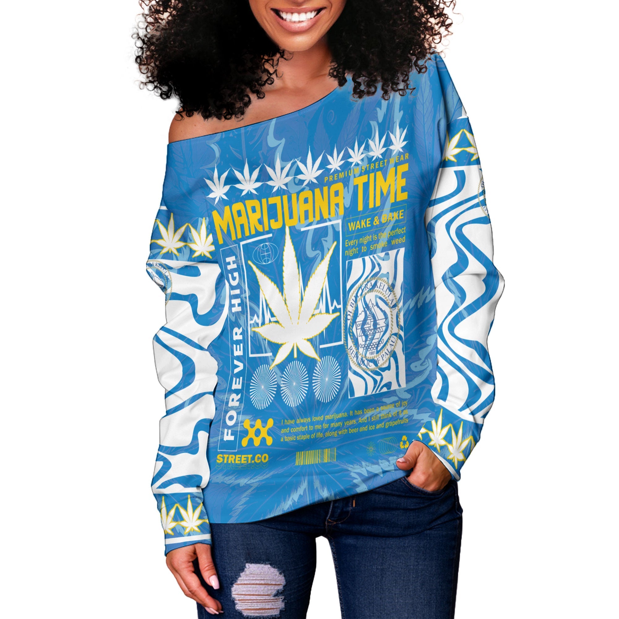 Palau Women Off Shoulder Sweatshirt Flag & Coat Of Arms Marijuanas Style