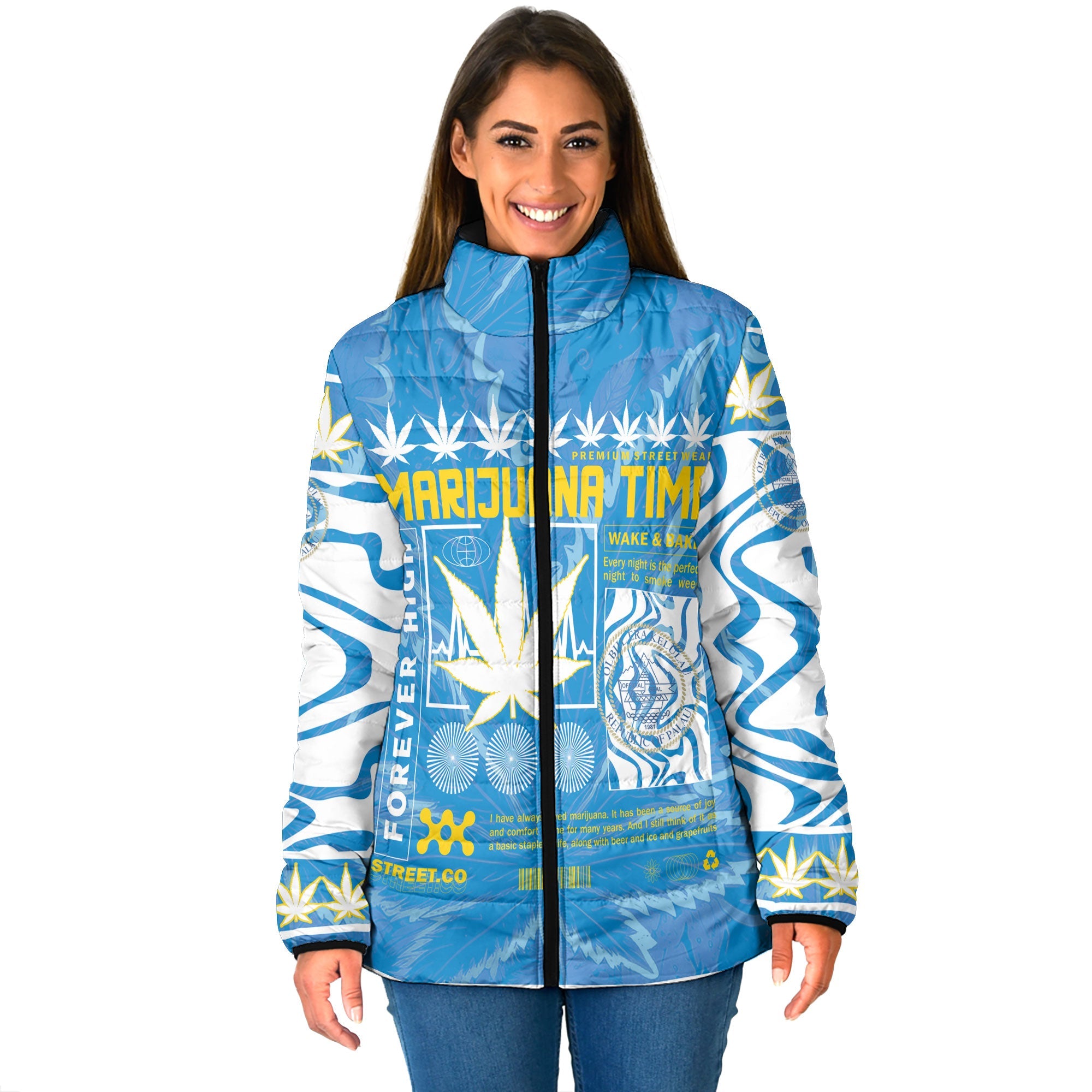 Palau Women Padded Jacket Flag & Coat Of Arms Marijuanas Style