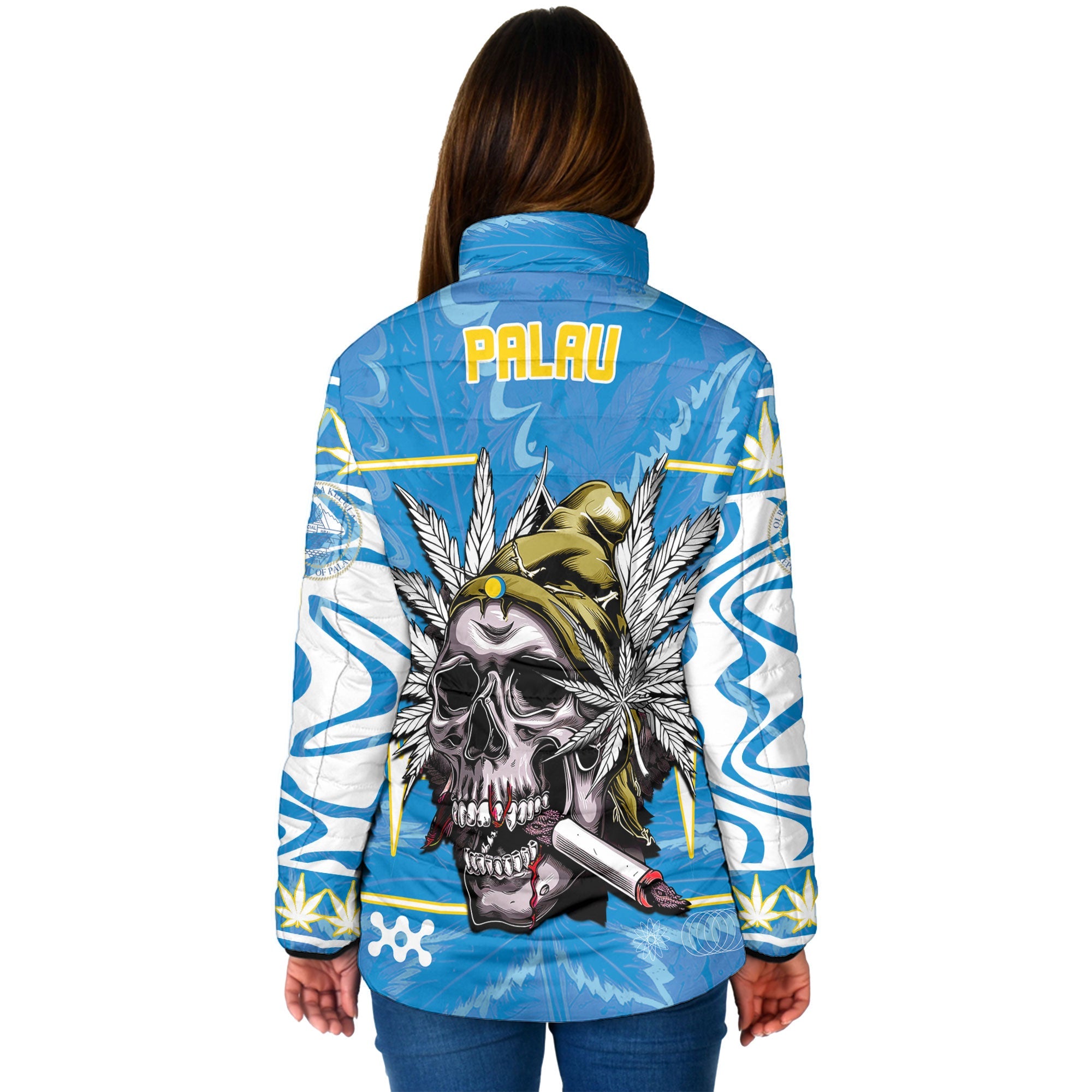 Palau Women Padded Jacket Flag & Coat Of Arms Marijuanas Style