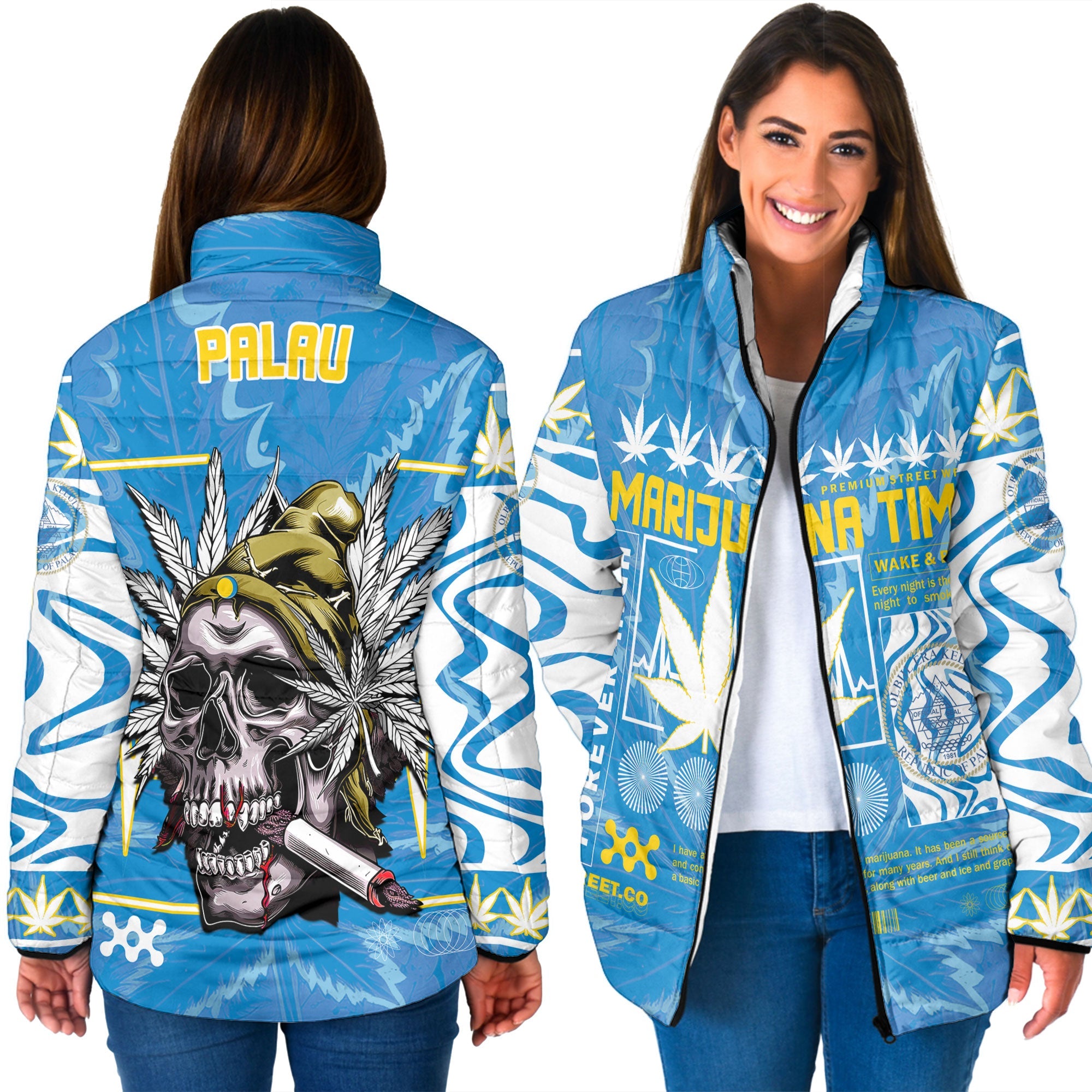 Palau Women Padded Jacket Flag & Coat Of Arms Marijuanas Style