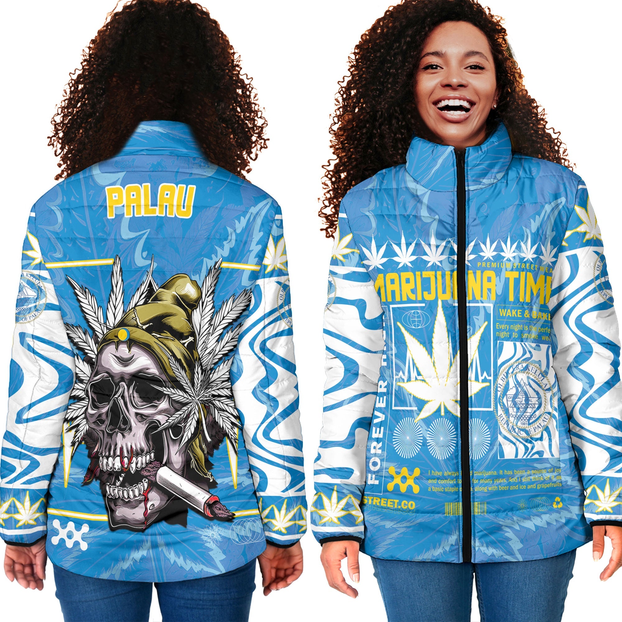 Palau Women Padded Jacket Flag & Coat Of Arms Marijuanas Style