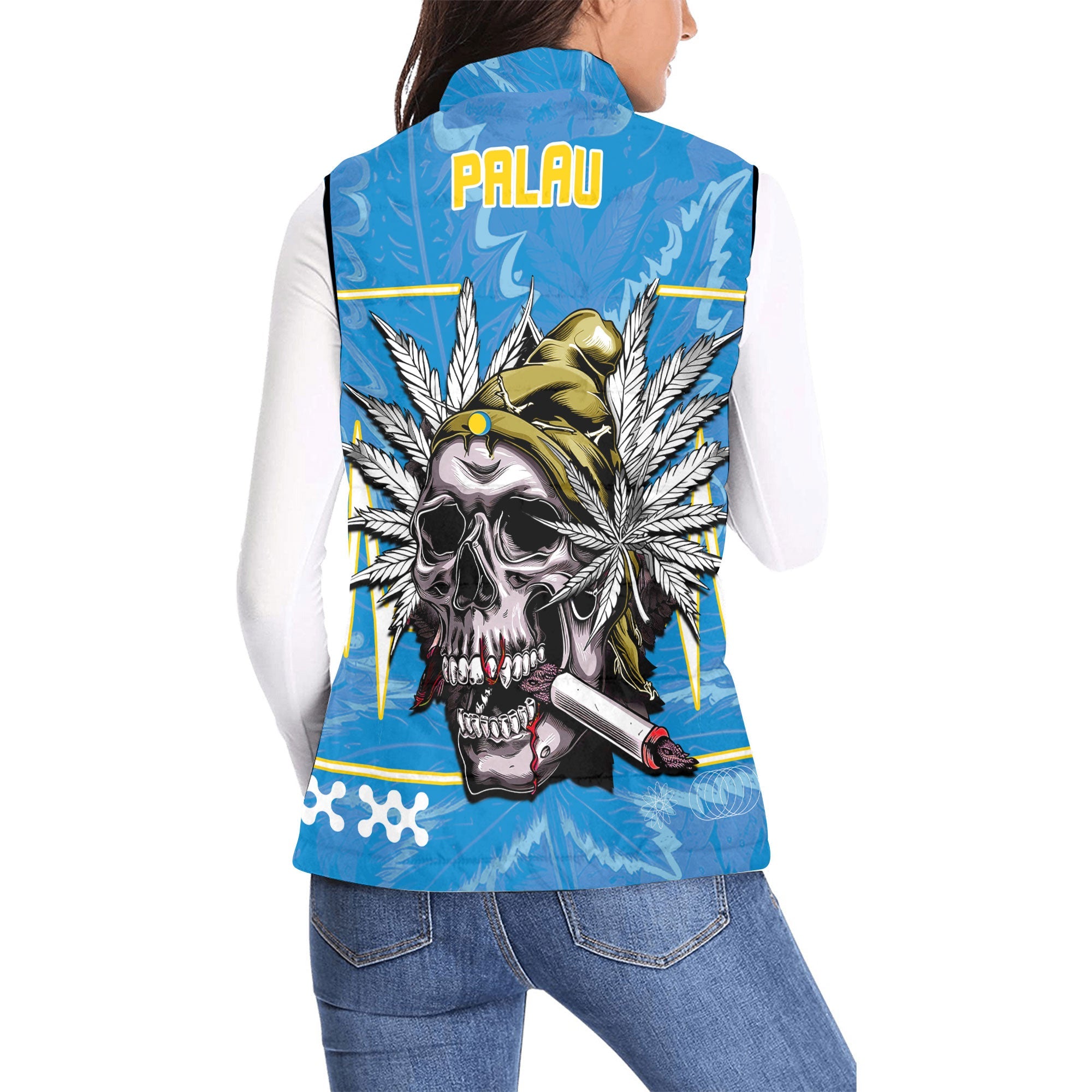 Palau Women Padded Jacket Vest Flag & Coat Of Arms Marijuanas Style