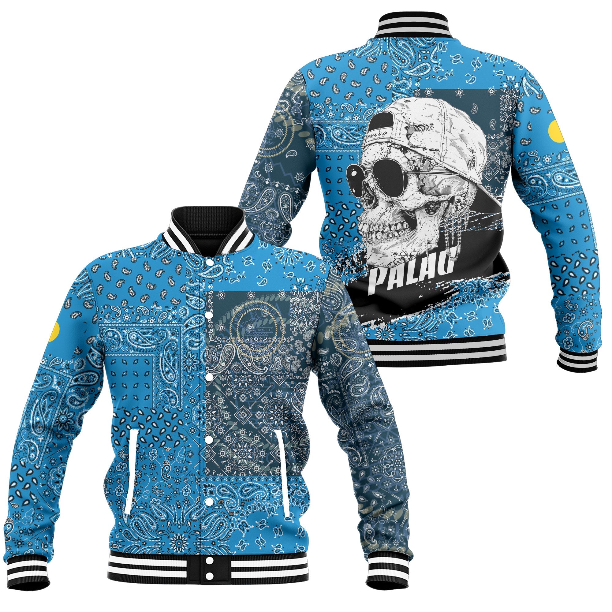 Palau Baseball Jacket Paisley Flag And Skull Style 1