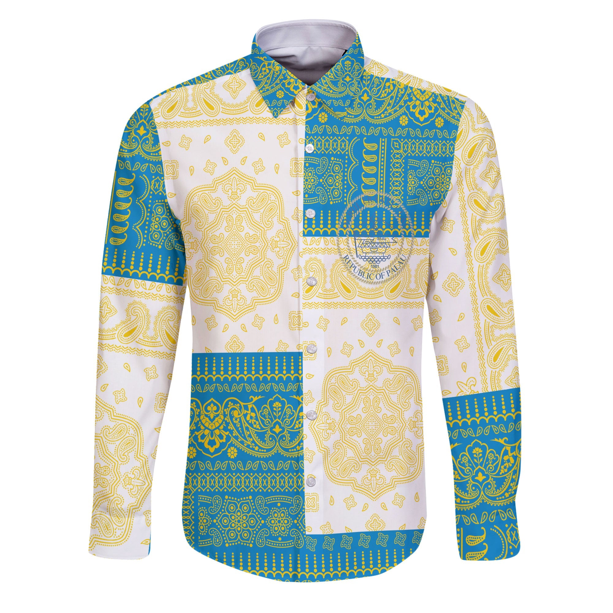 Palau Long Sleeve Button Shirt Flag And Paisley Basic Style 1