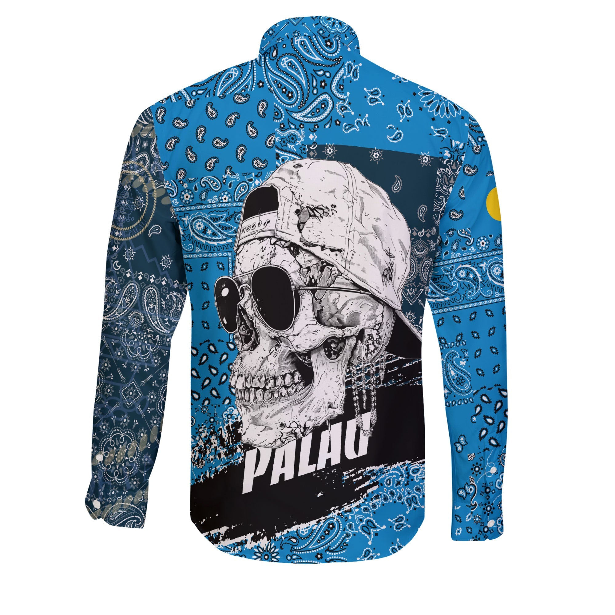 Palau Long Sleeve Button Shirt Paisley Flag And Skull Style 2