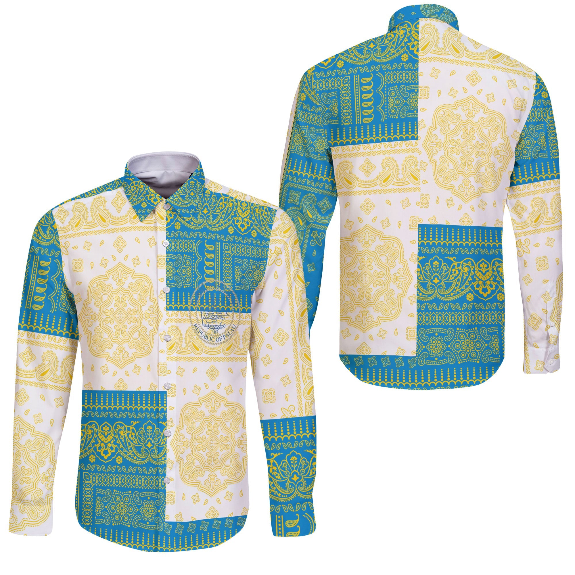 Palau Long Sleeve Button Shirt Flag And Paisley Basic Style 3