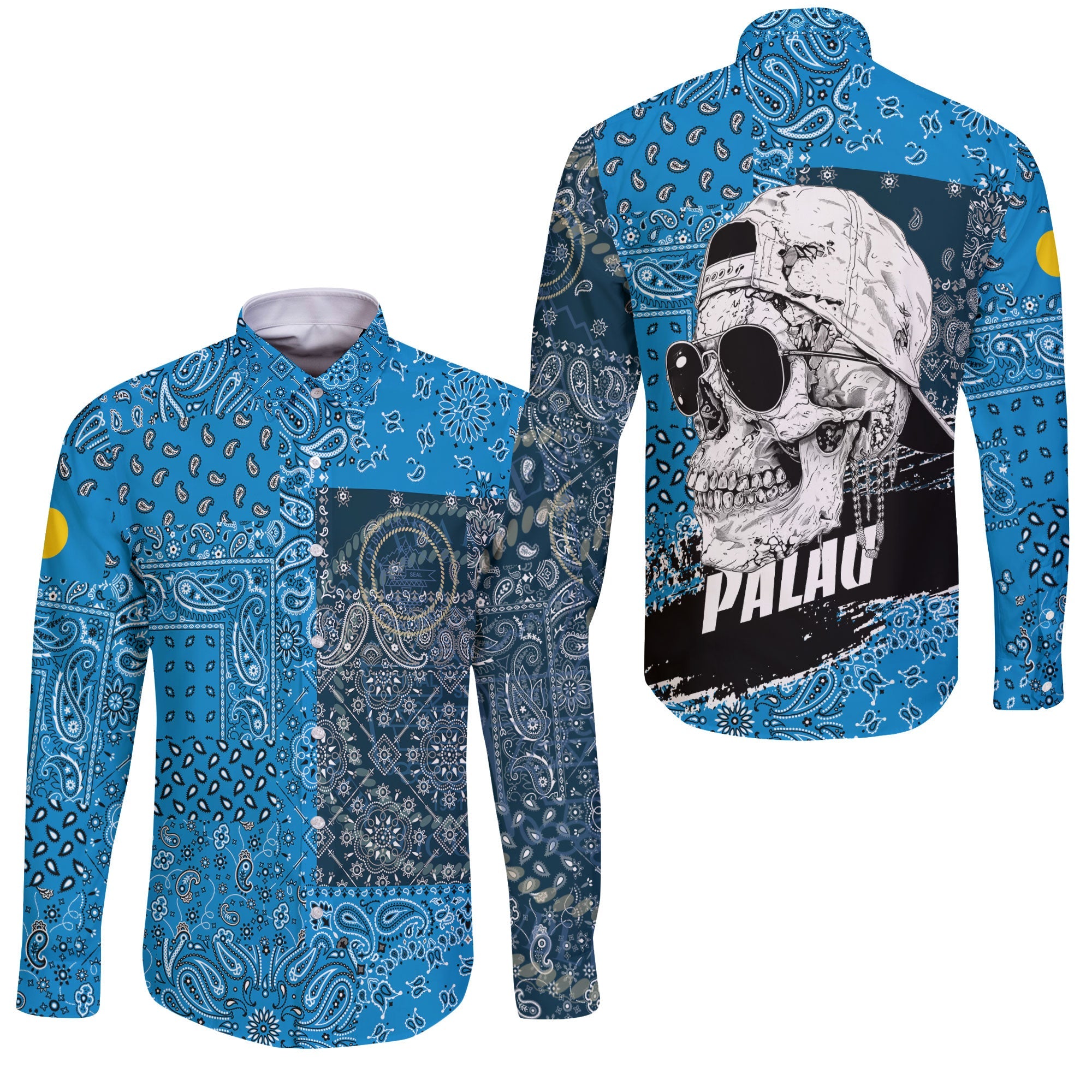 Palau Long Sleeve Button Shirt Paisley Flag And Skull Style 3