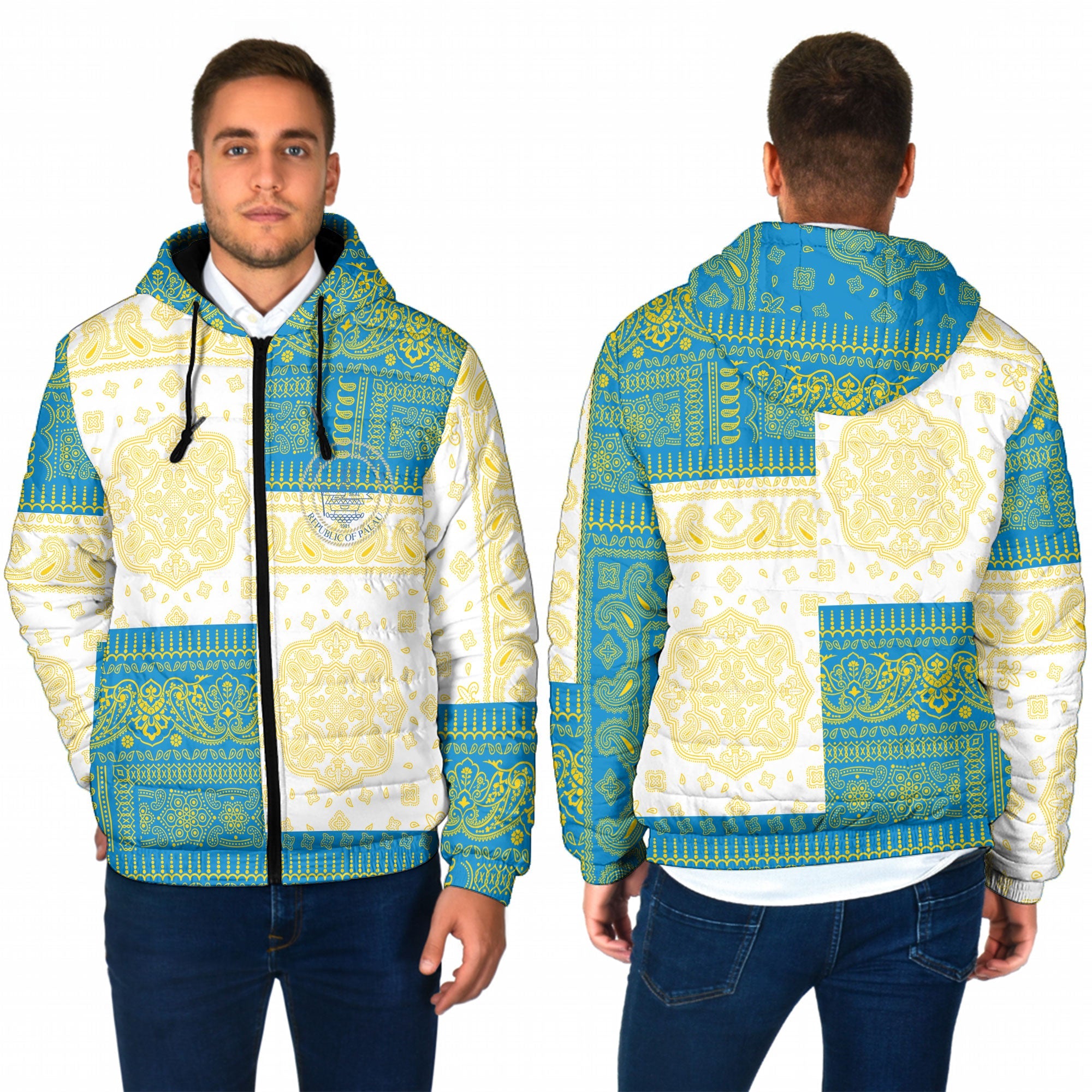 Palau Men Hooded Padded Jacket Flag And Paisley Basic Style 1