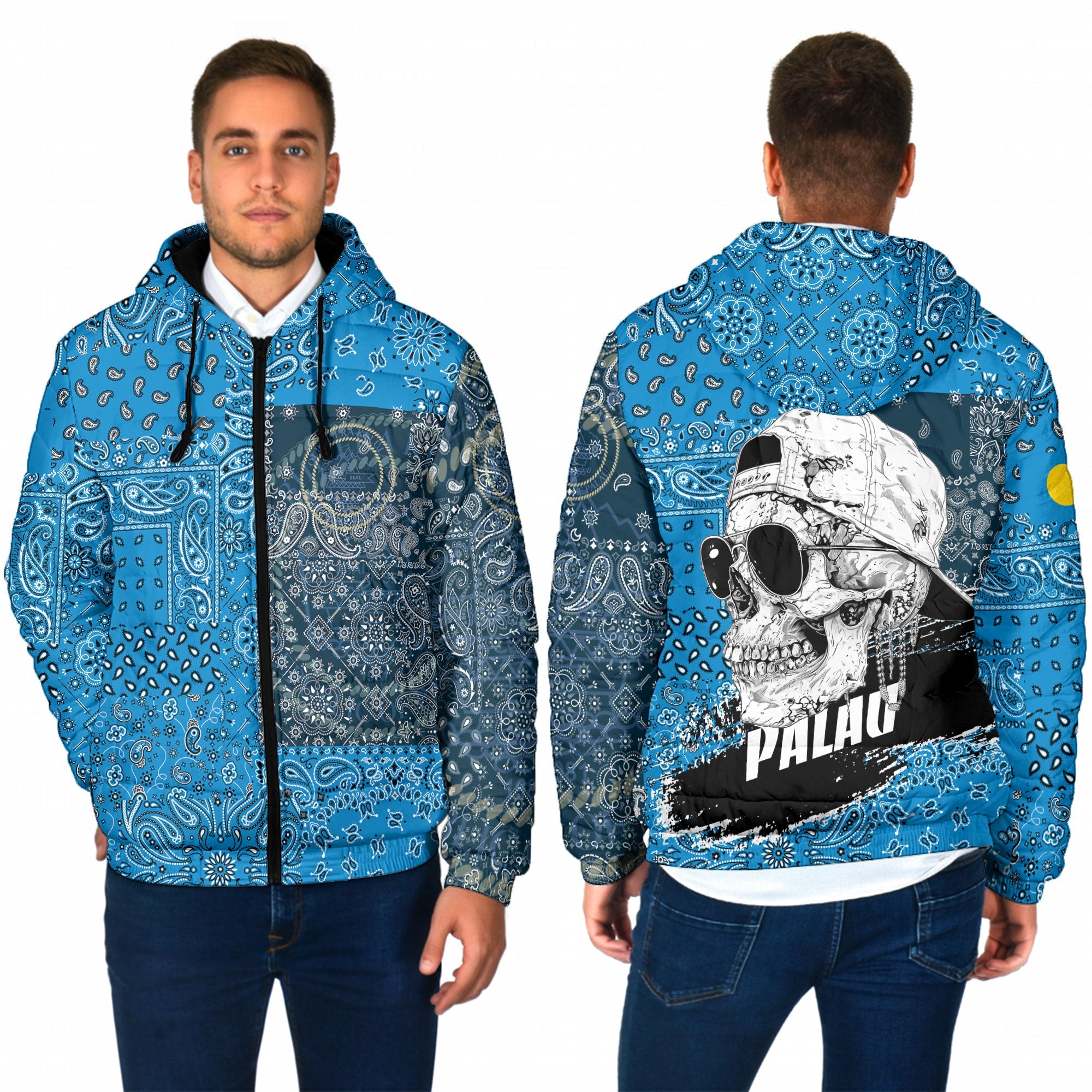 Palau Men Hooded Padded Jacket Paisley Flag And Skull Style 1