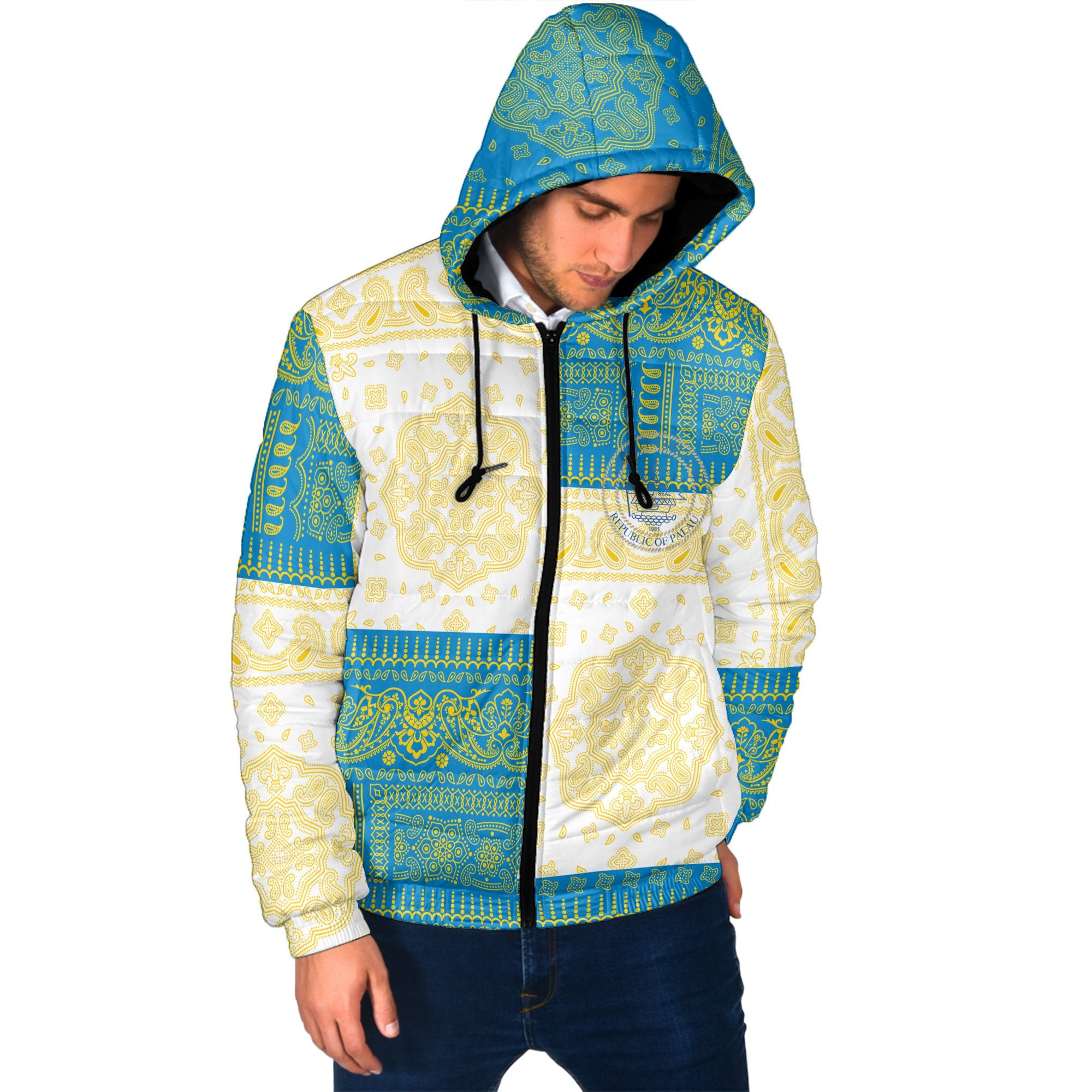 Palau Men Hooded Padded Jacket Flag And Paisley Basic Style 2