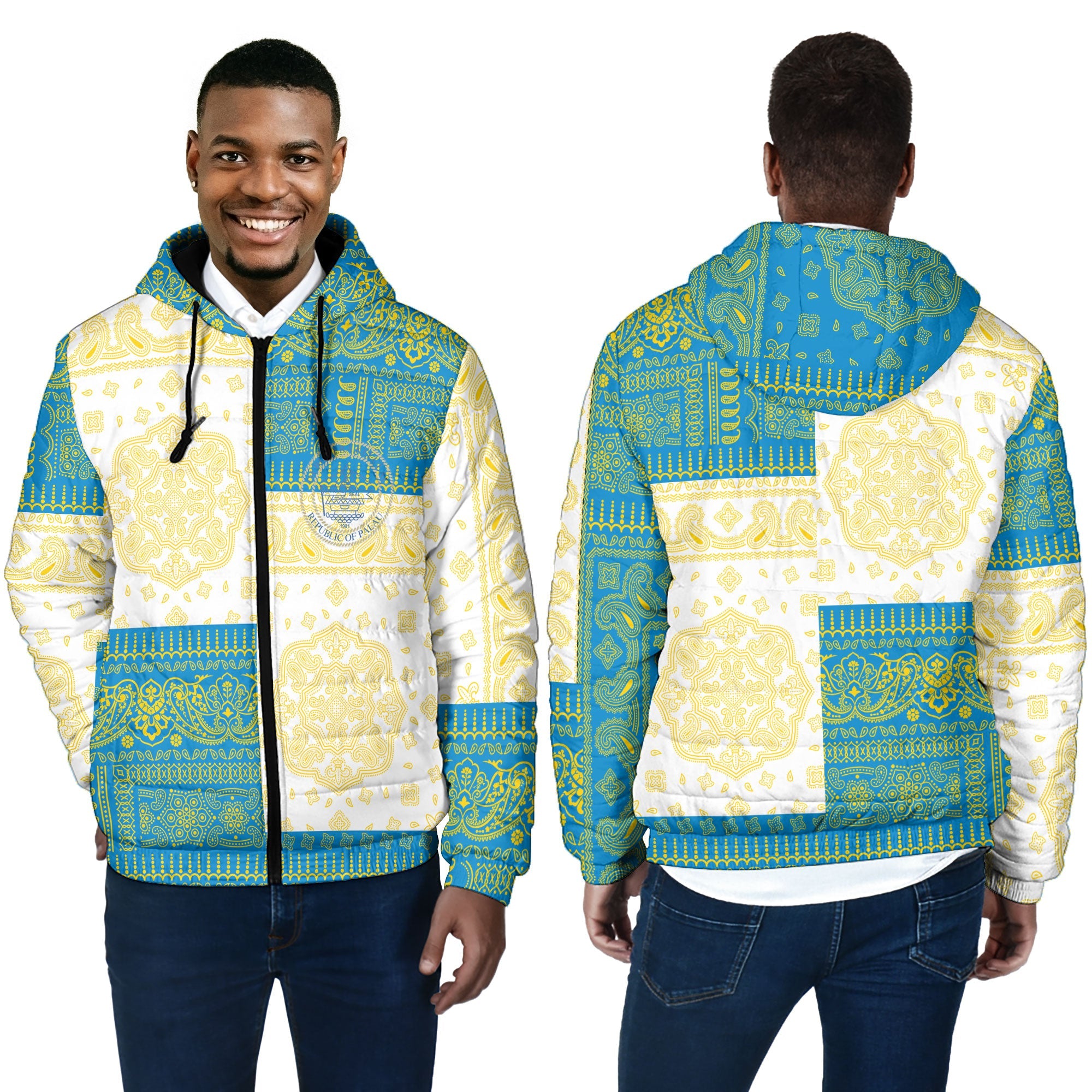 Palau Men Hooded Padded Jacket Flag And Paisley Basic Style 4