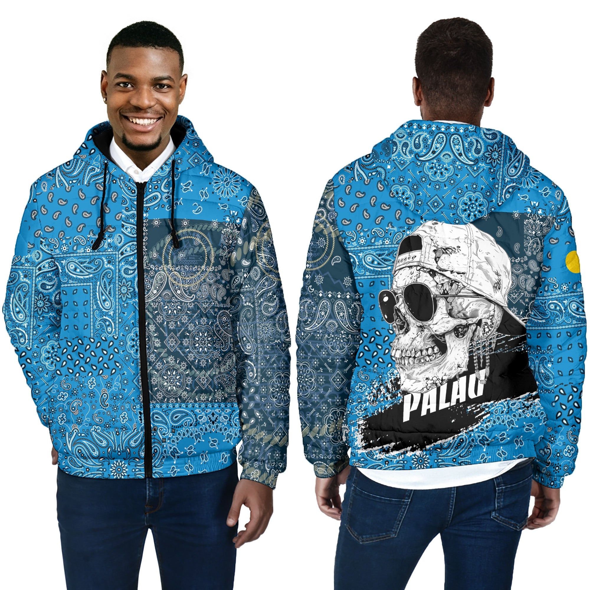 Palau Men Hooded Padded Jacket Paisley Flag And Skull Style 4