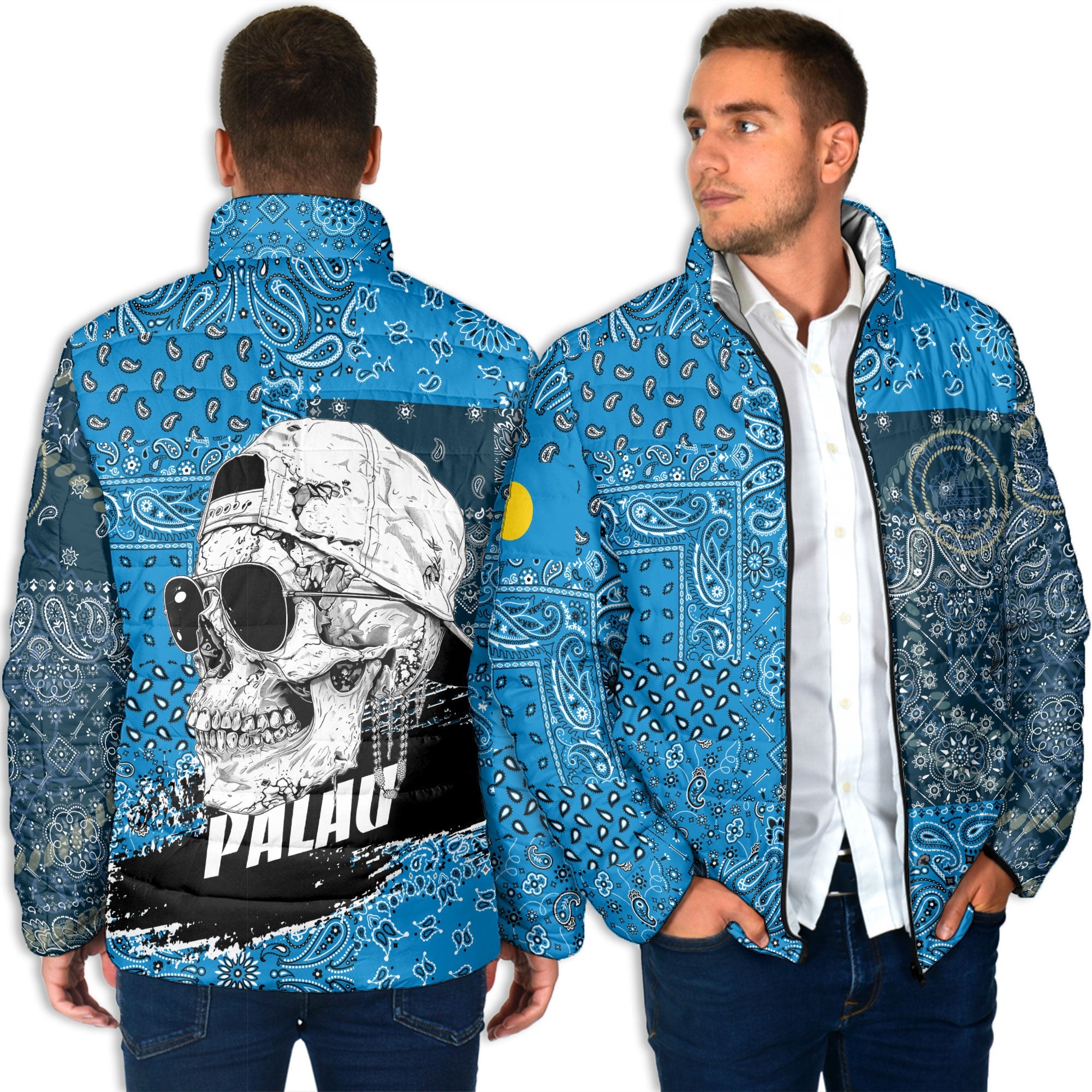 Palau Men Padded Jacket Paisley Flag And Skull Style 4