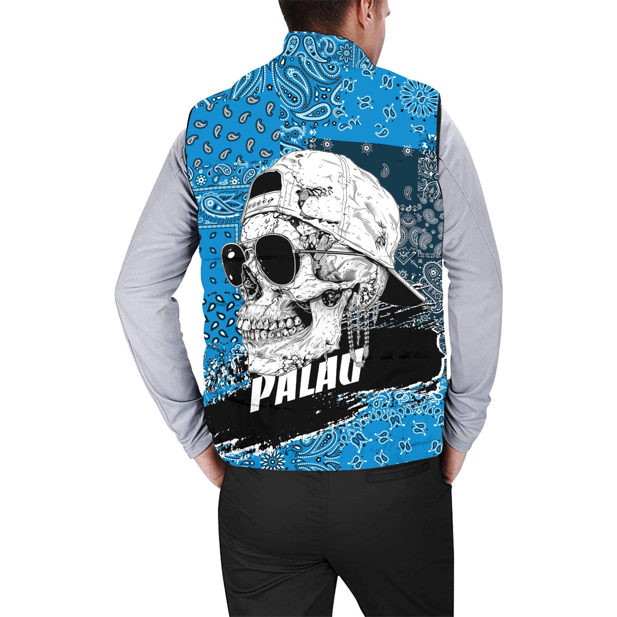 Palau Men Padded Jacket Vest Paisley Flag And Skull Style 2