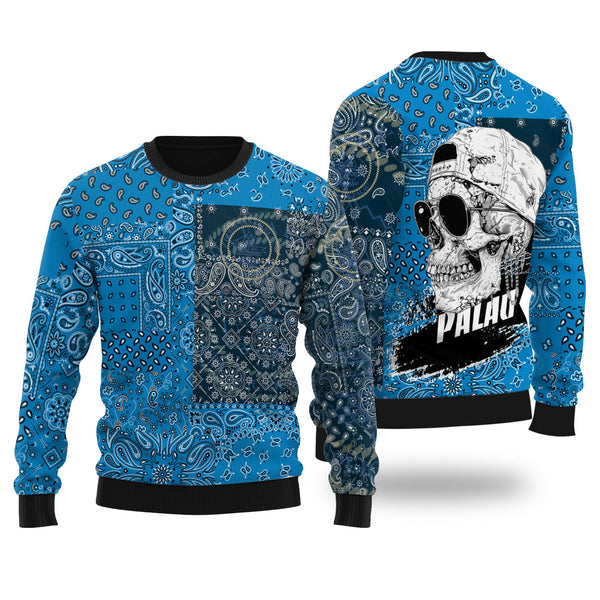 Palau Ugly Sweater Paisley Flag And Skull Style 1