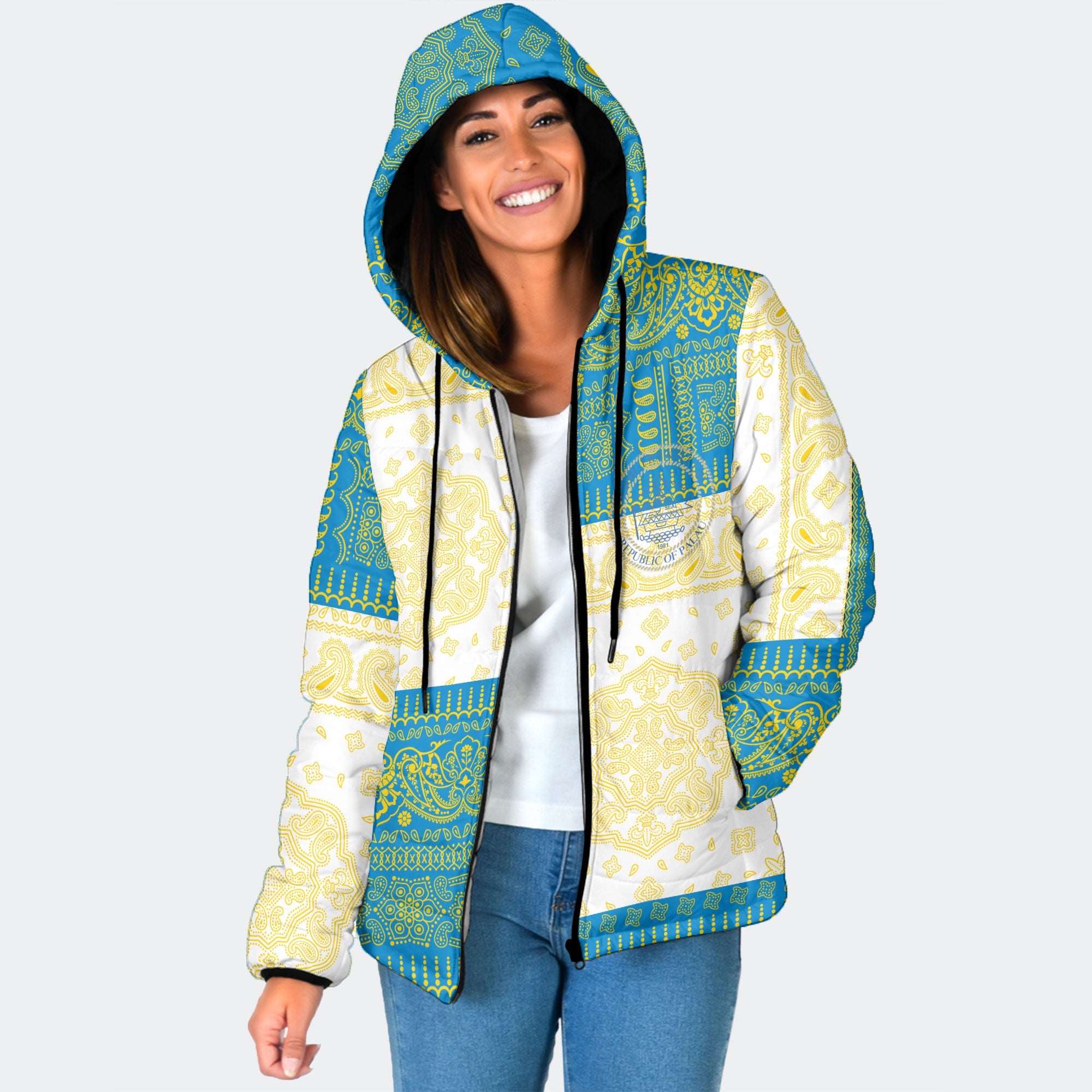 Palau Women Hooded Padded Jacket Flag And Paisley Basic Style 1