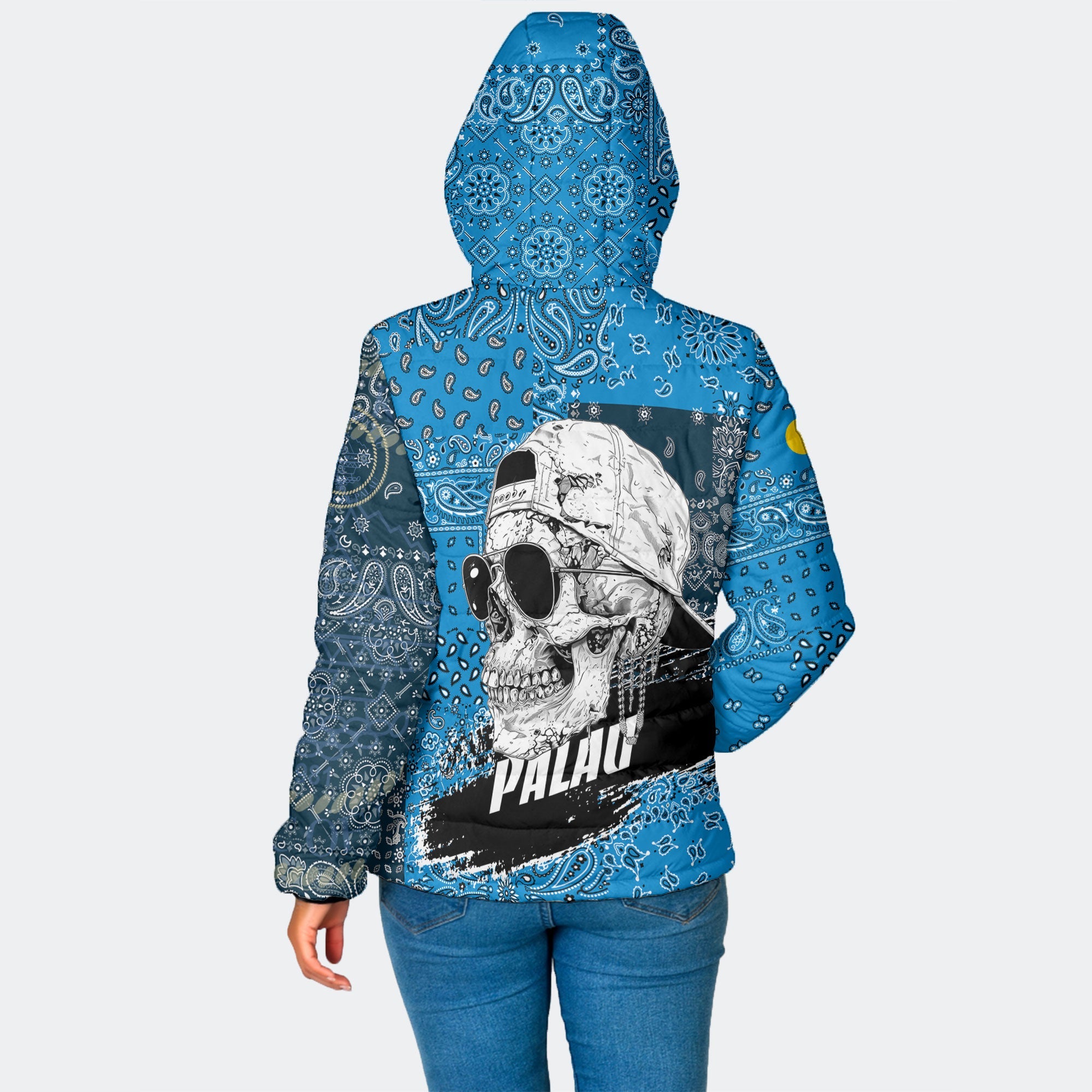 Palau Women Hooded Padded Jacket Paisley Flag And Skull Style 2