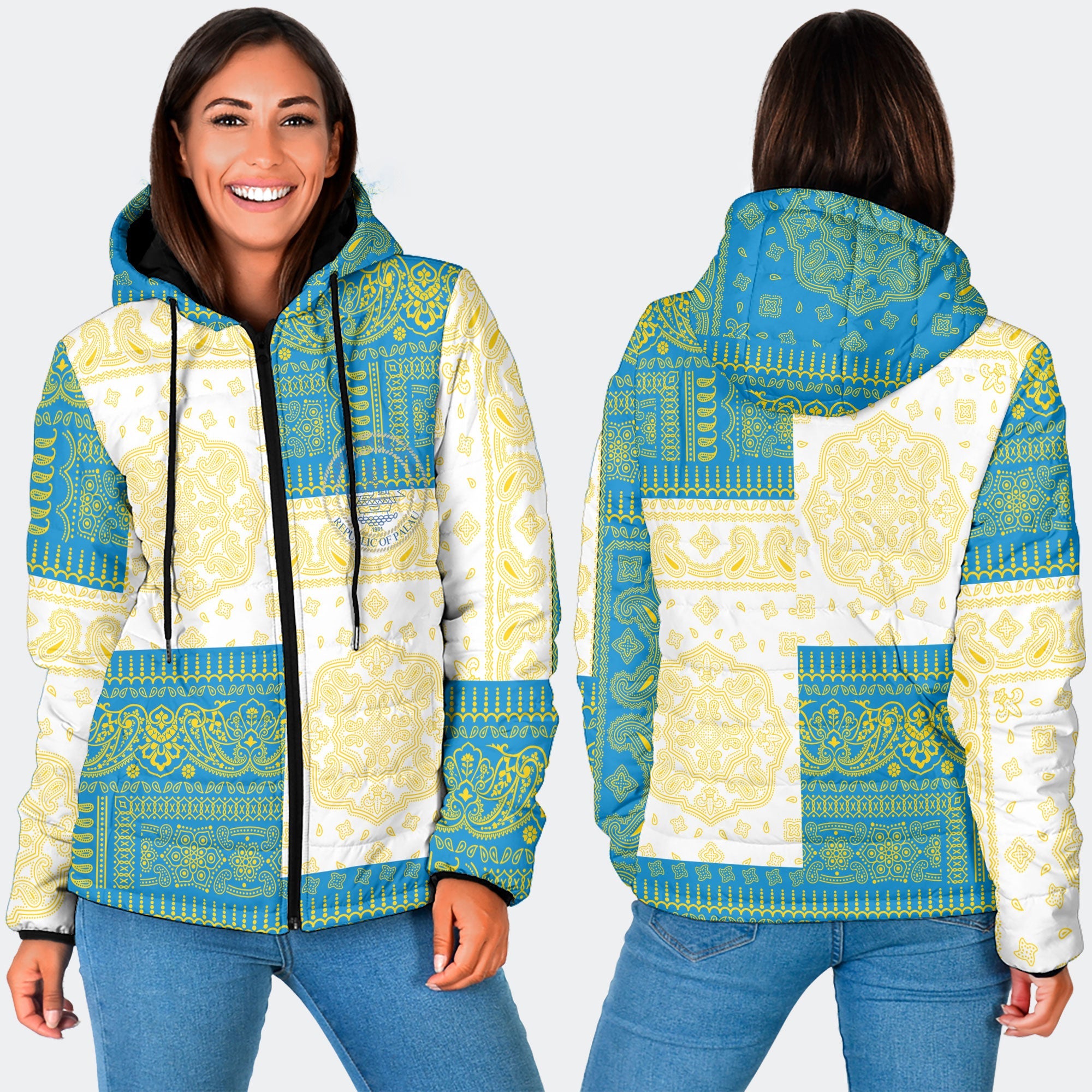 Palau Women Hooded Padded Jacket Flag And Paisley Basic Style 3