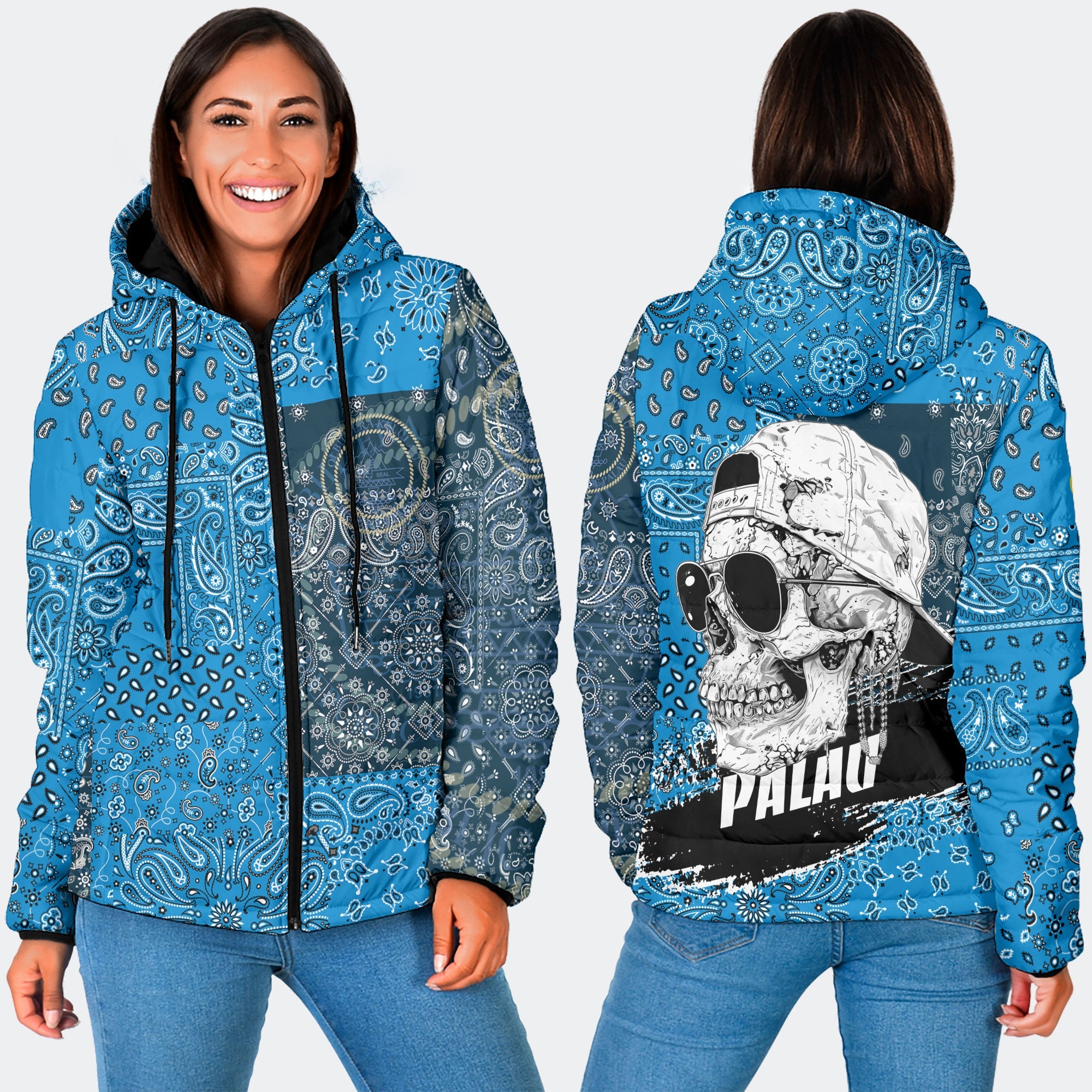 Palau Women Hooded Padded Jacket Paisley Flag And Skull Style 3