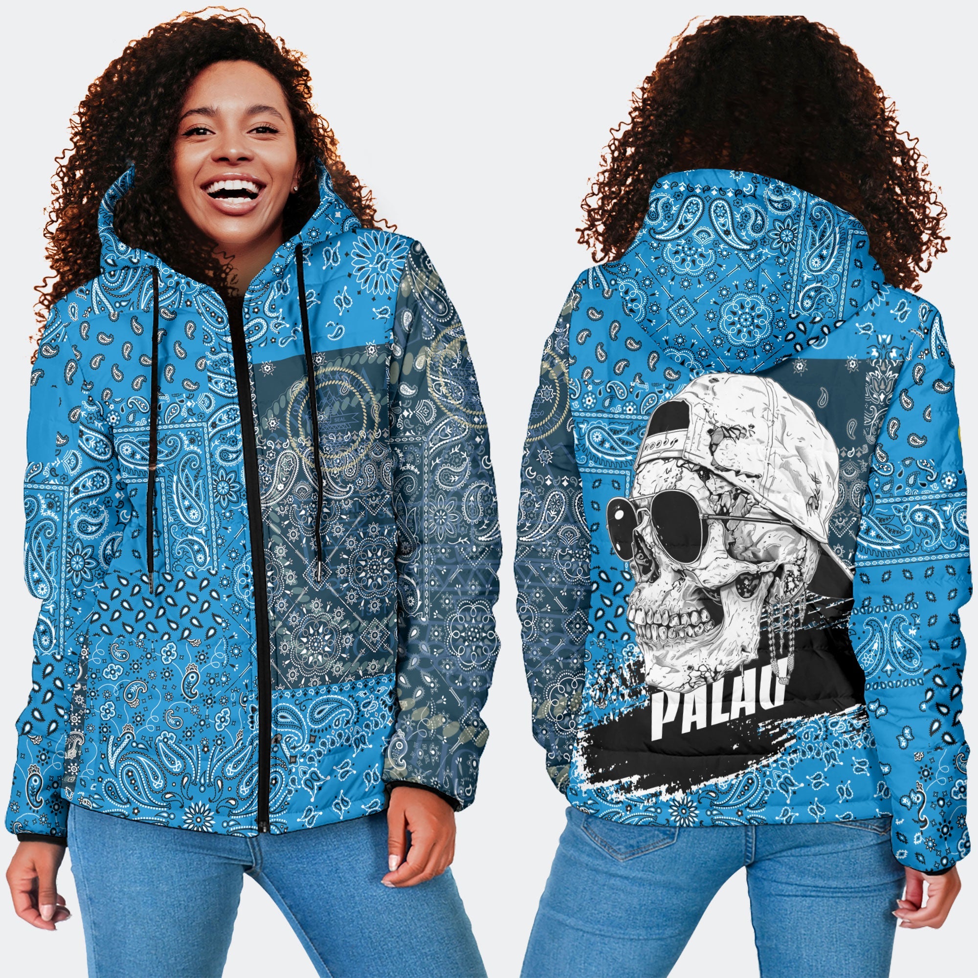 Palau Women Hooded Padded Jacket Paisley Flag And Skull Style 4