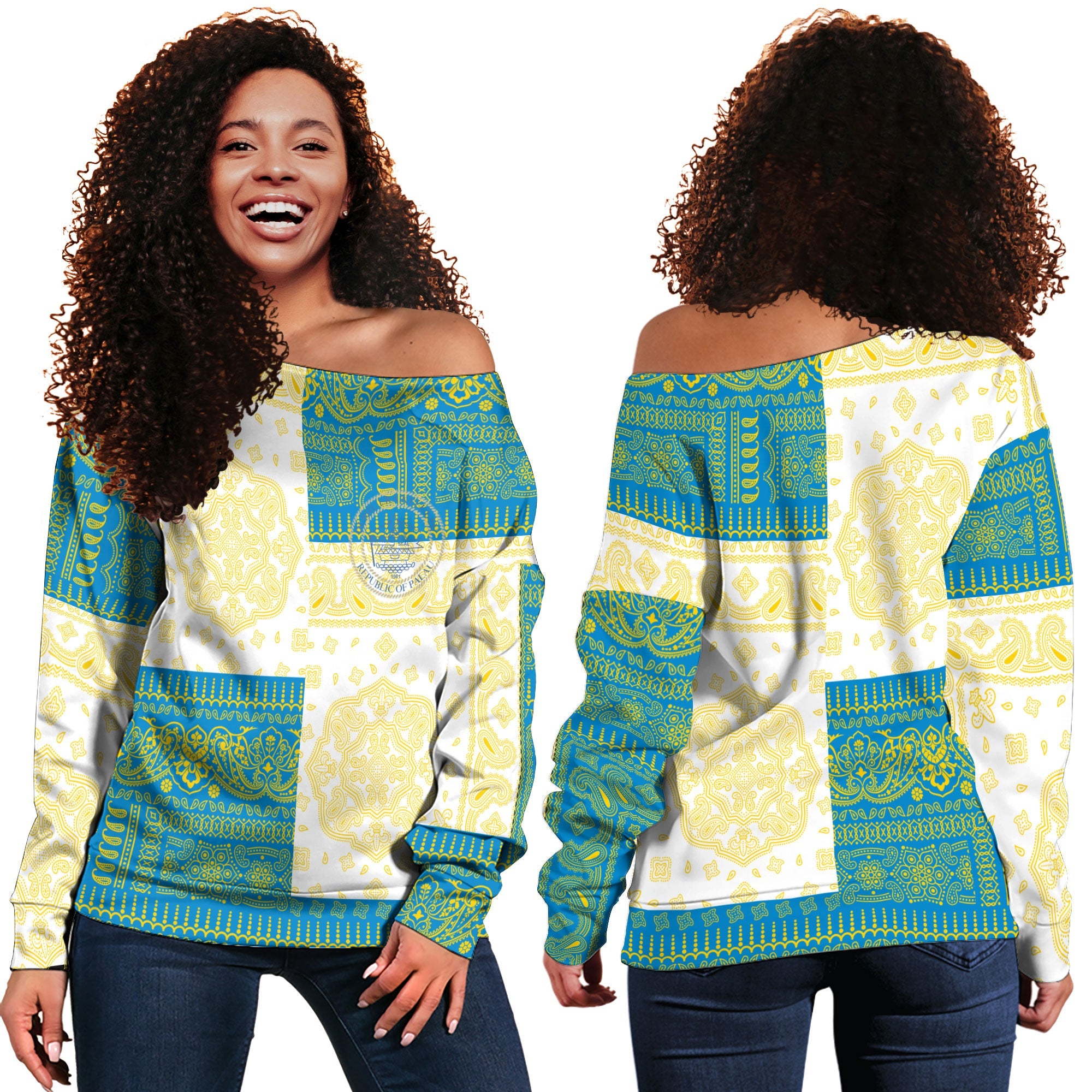 Palau Women Off Shoulder Sweatshirt Flag And Paisley Basic Style 1