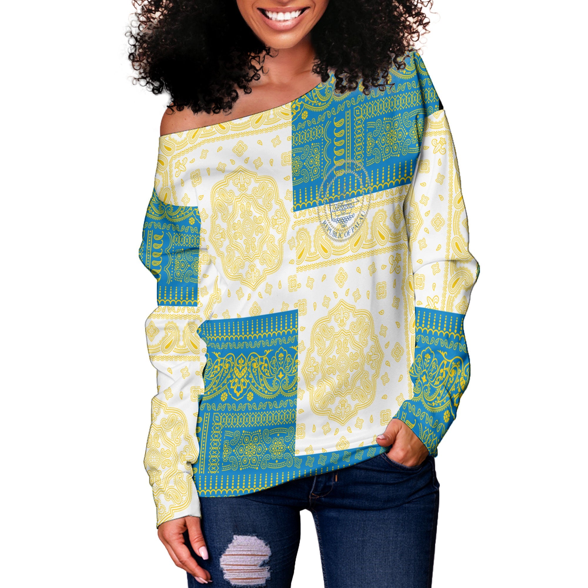 Palau Women Off Shoulder Sweatshirt Flag And Paisley Basic Style 2