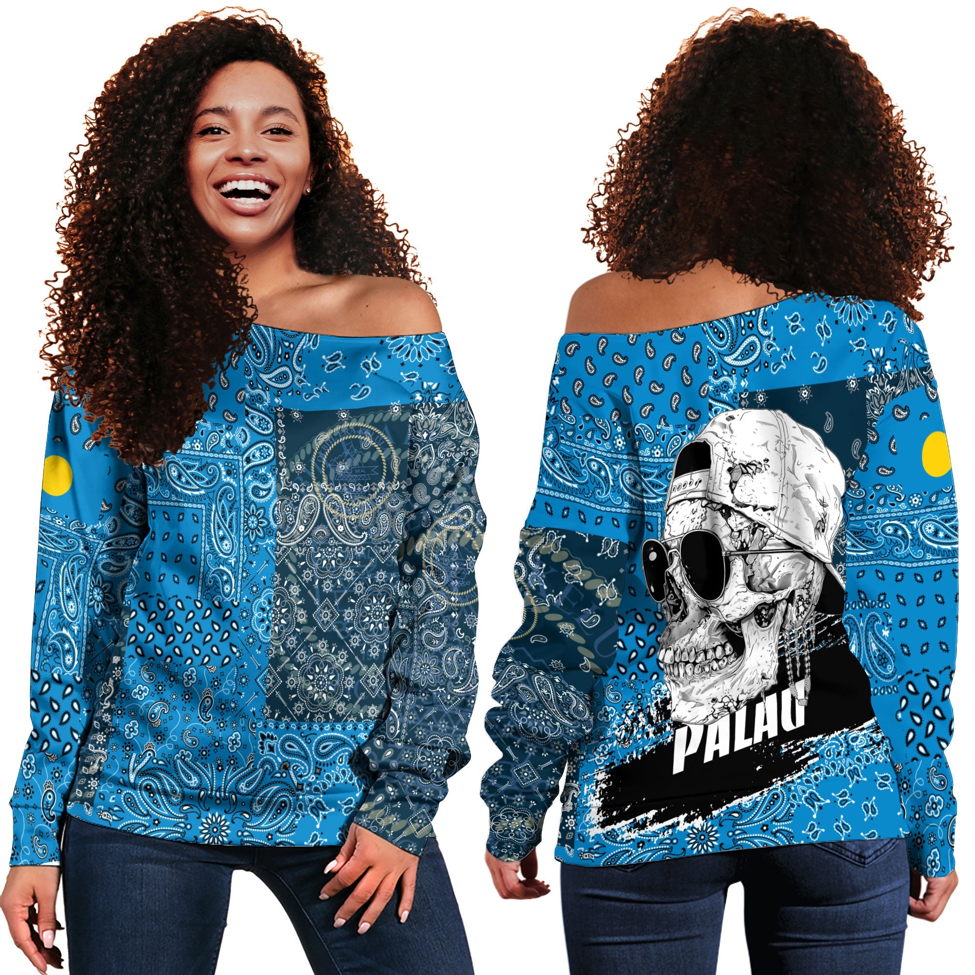 Palau Women Off Shoulder Sweatshirt Paisley Flag And Skull Style 1