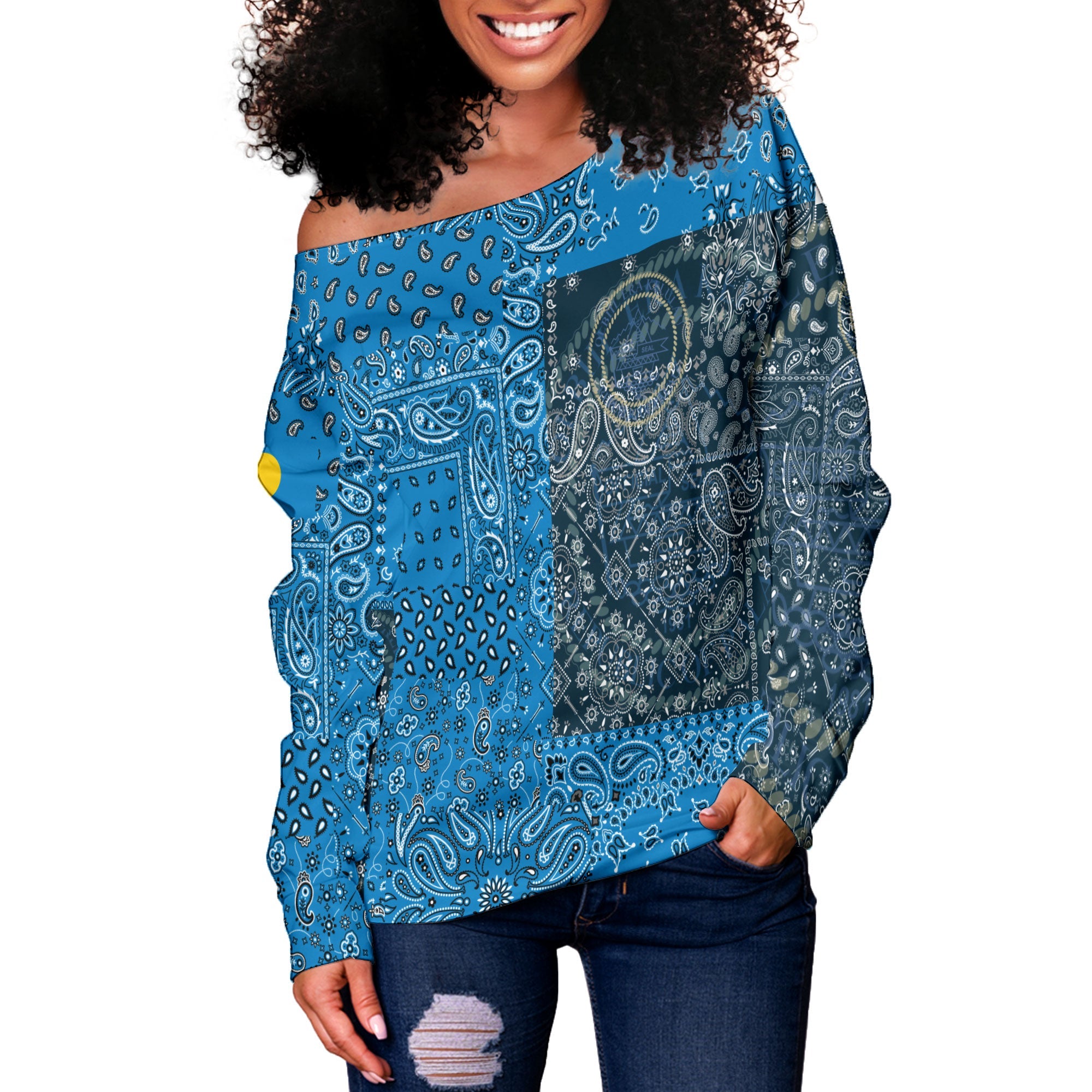 Palau Women Off Shoulder Sweatshirt Paisley Flag And Skull Style 2