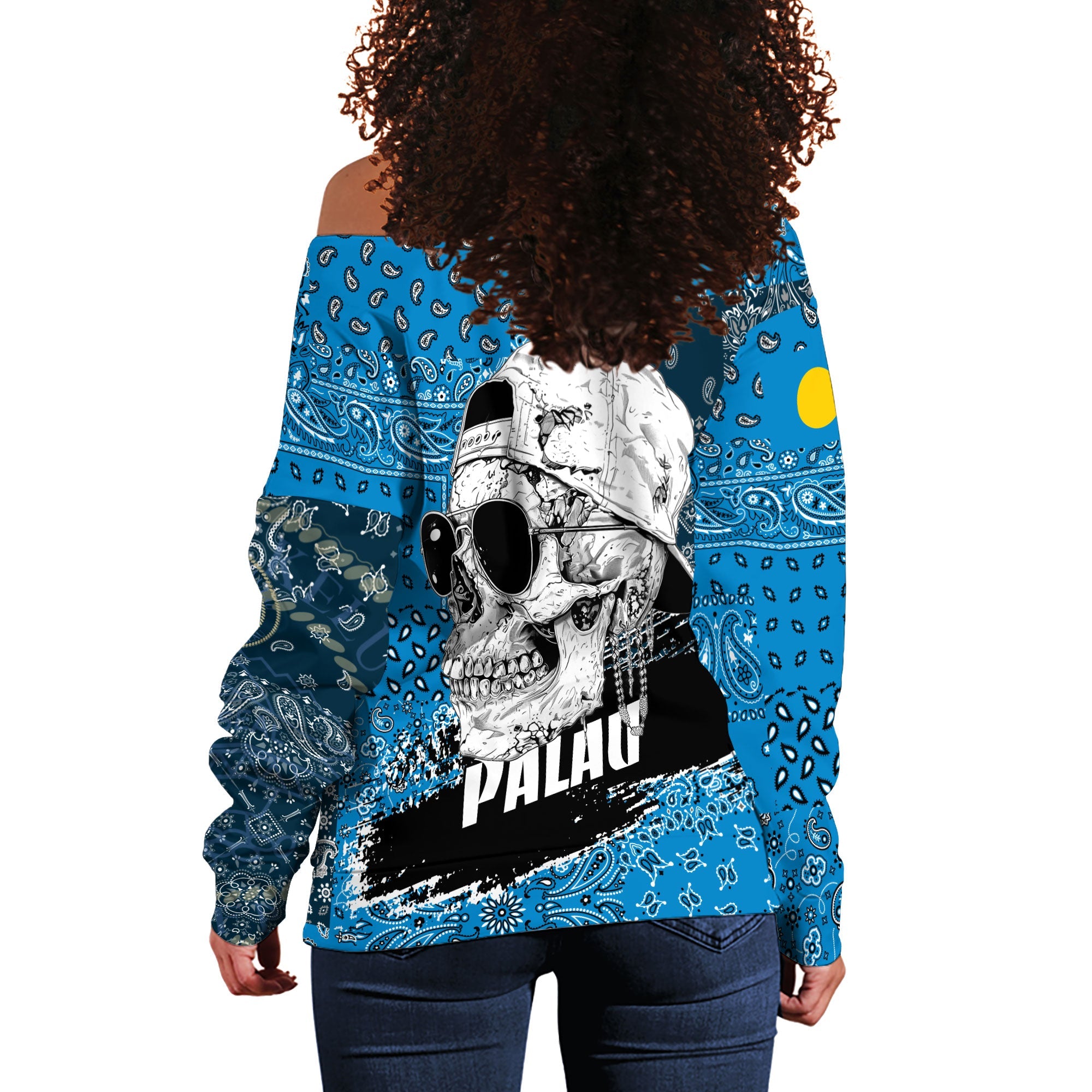 Palau Women Off Shoulder Sweatshirt Paisley Flag And Skull Style 3