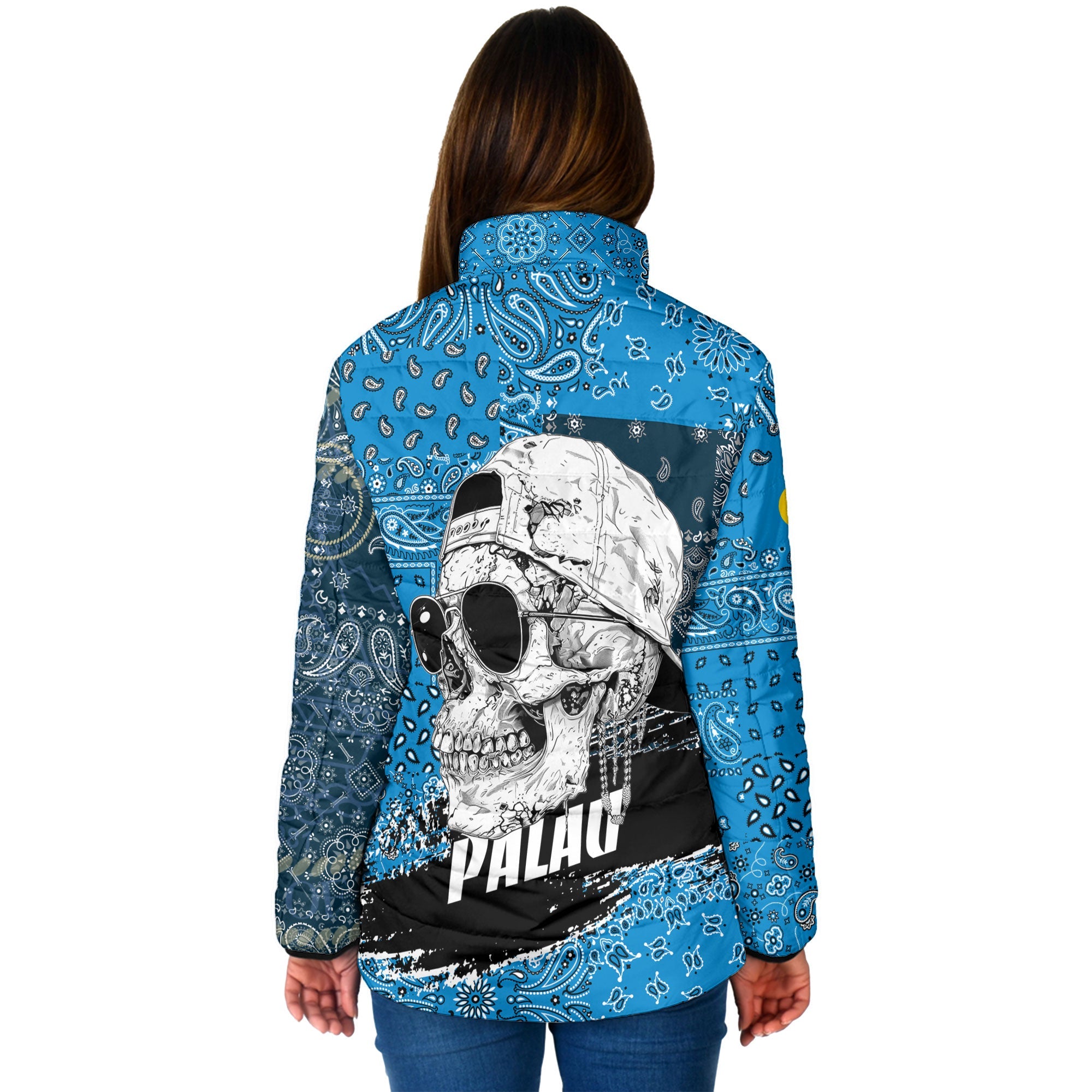 Palau Women Padded Jacket Paisley Flag And Skull Style 2