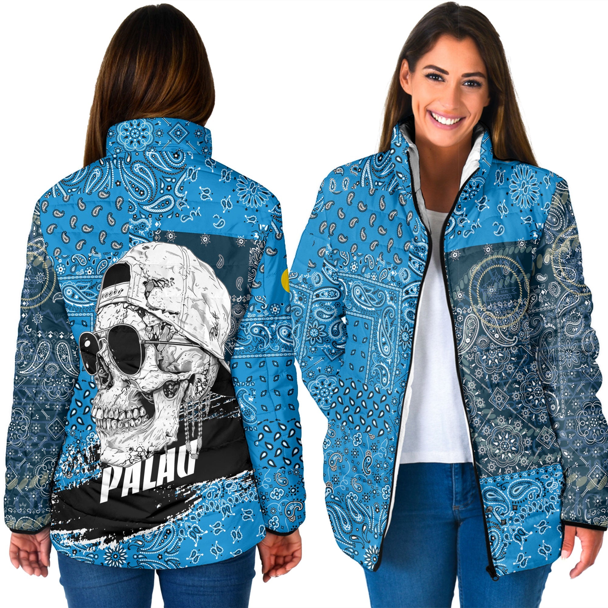 Palau Women Padded Jacket Paisley Flag And Skull Style 3