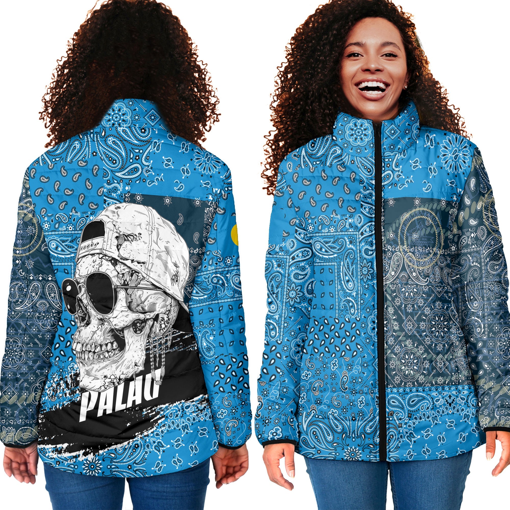 Palau Women Padded Jacket Paisley Flag And Skull Style 4