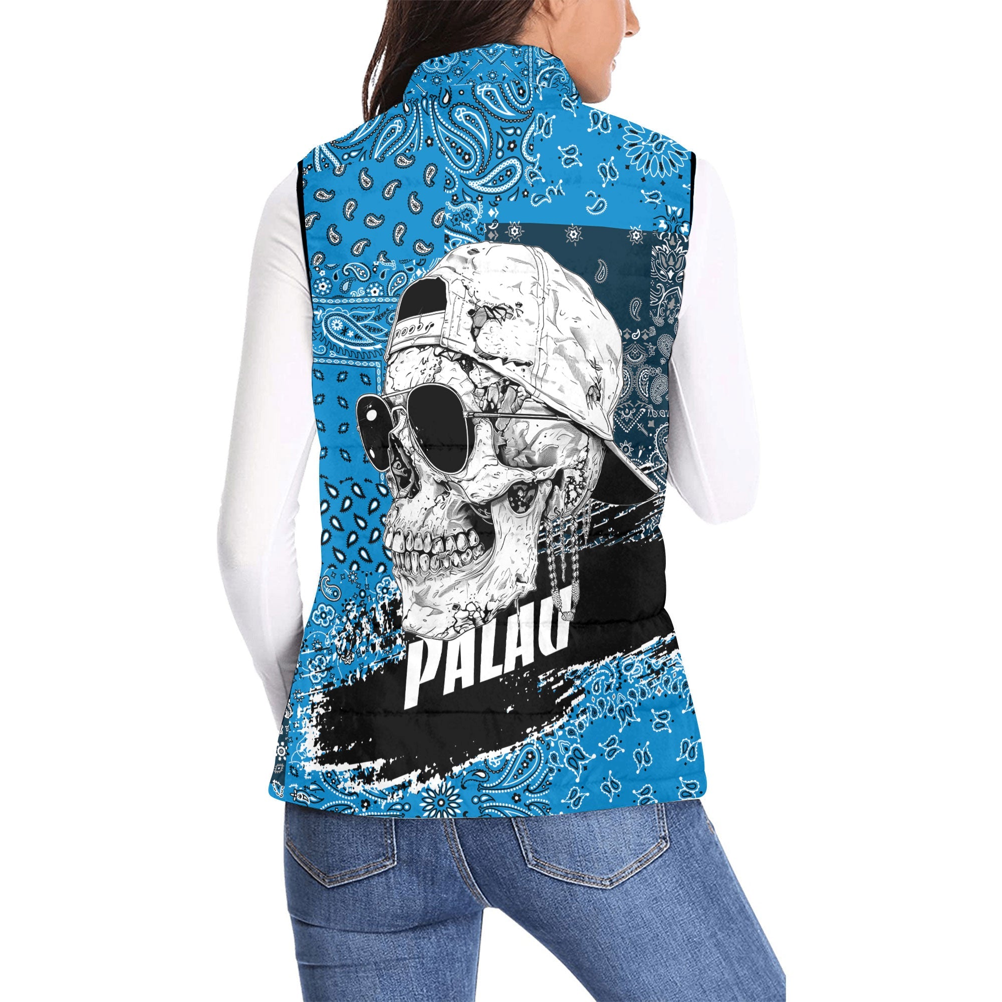 Palau Women Padded Jacket Vest Paisley Flag And Skull Style 2