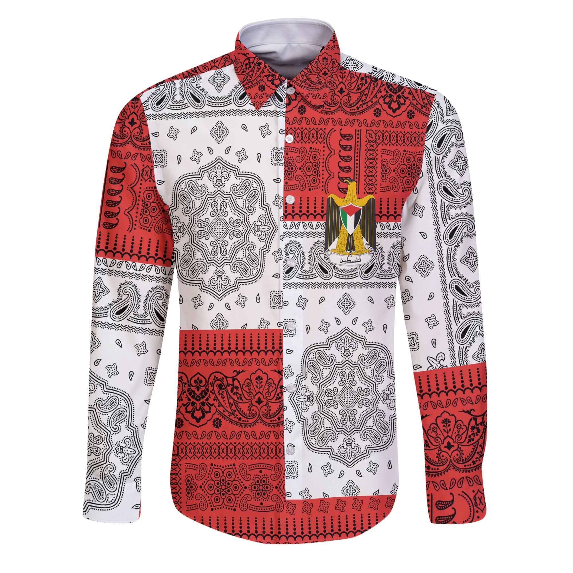 Palestine Long Sleeve Button Shirt Flag And Paisley Basic Style 1