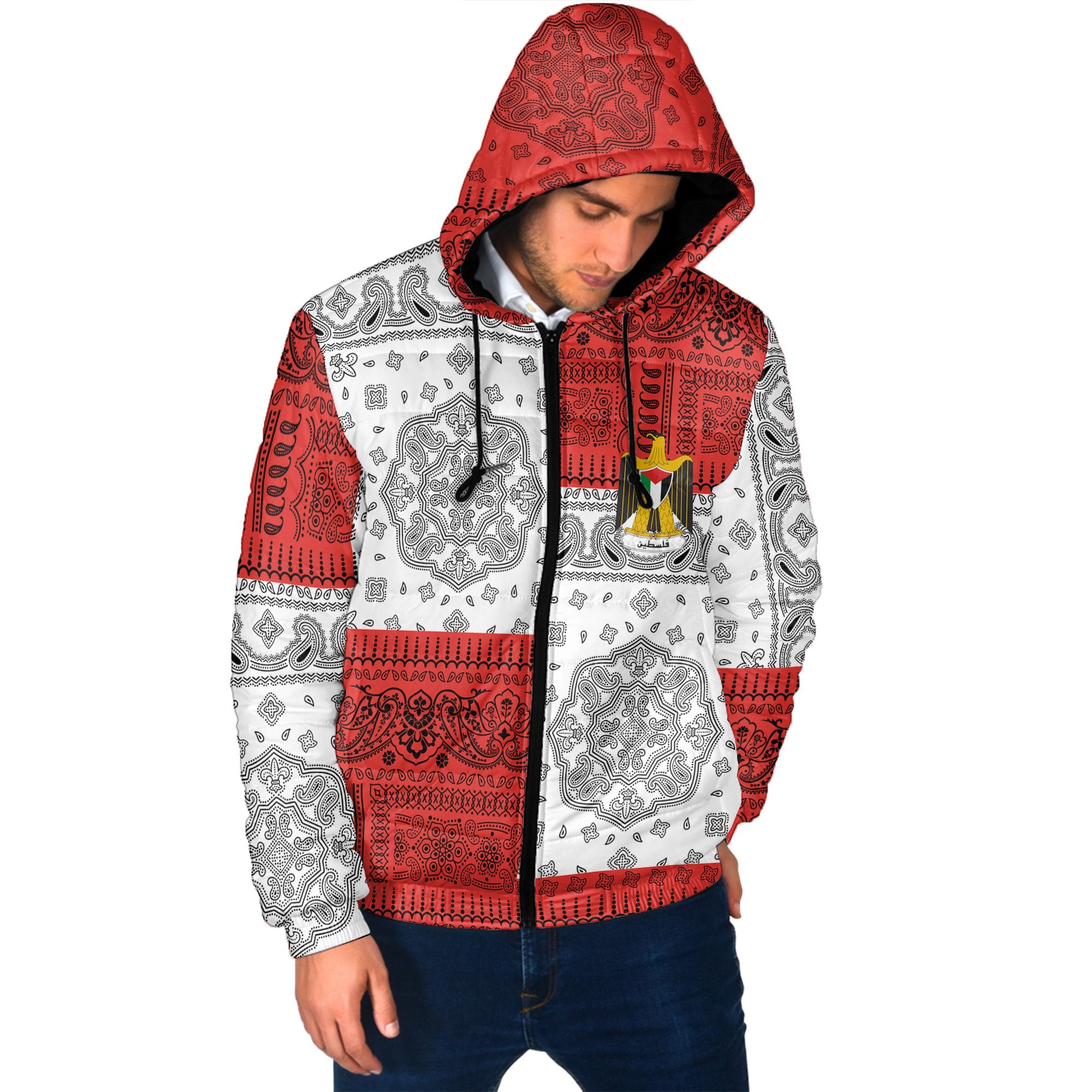 Palestine Men Hooded Padded Jacket Flag And Paisley Basic Style 2