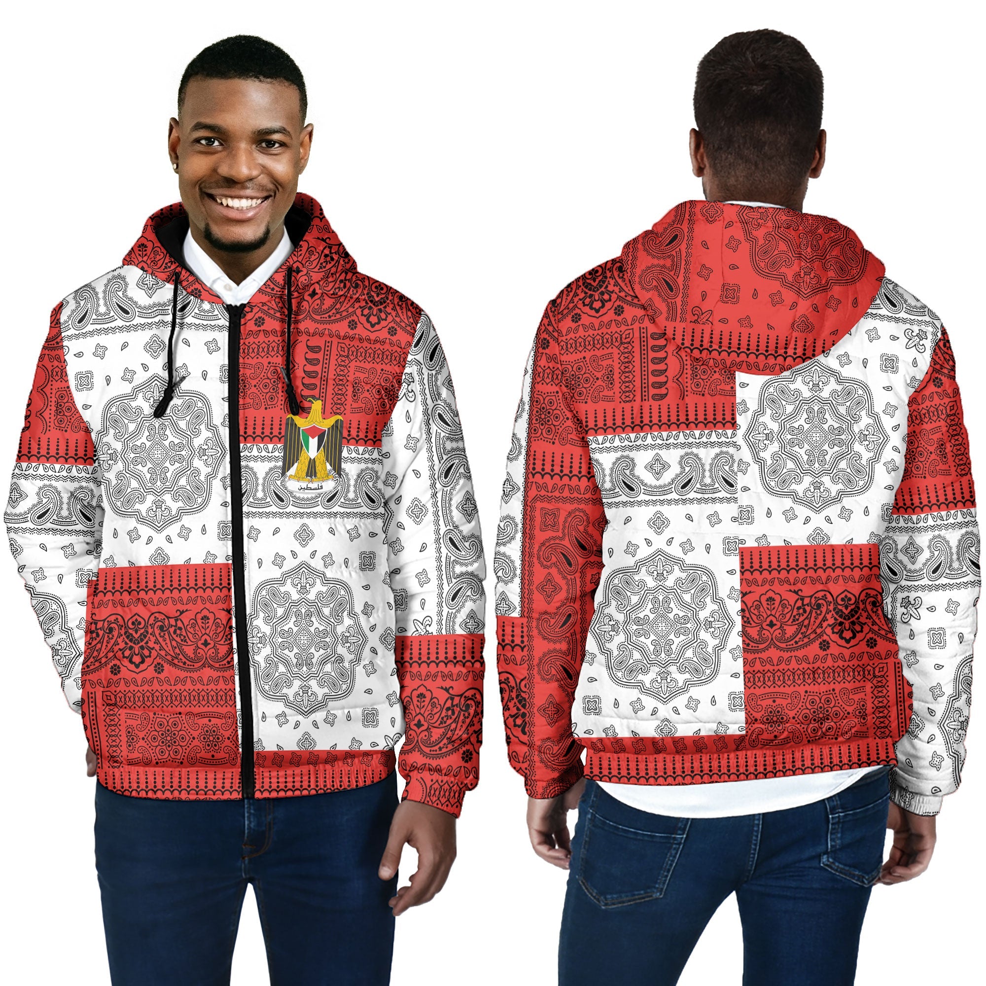 Palestine Men Hooded Padded Jacket Flag And Paisley Basic Style 4