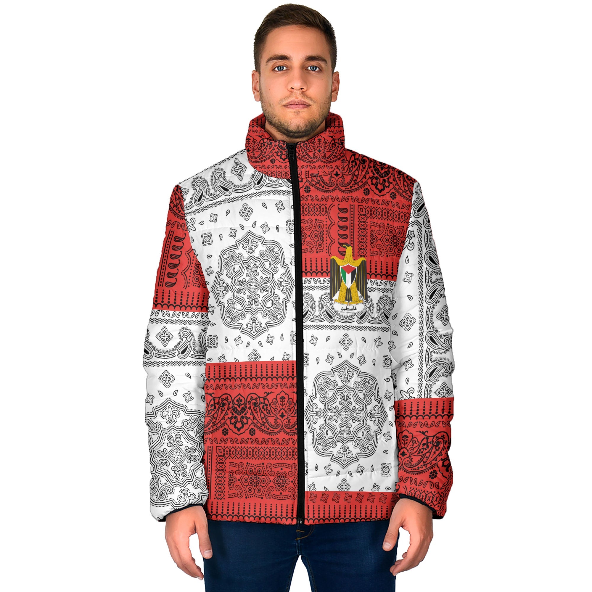 Palestine Men Padded Jacket Flag And Paisley Basic Style 1