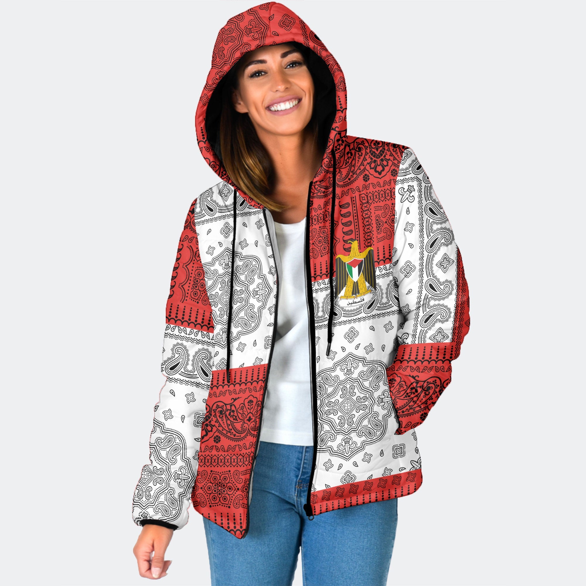 Palestine Women Hooded Padded Jacket Flag And Paisley Basic Style 1