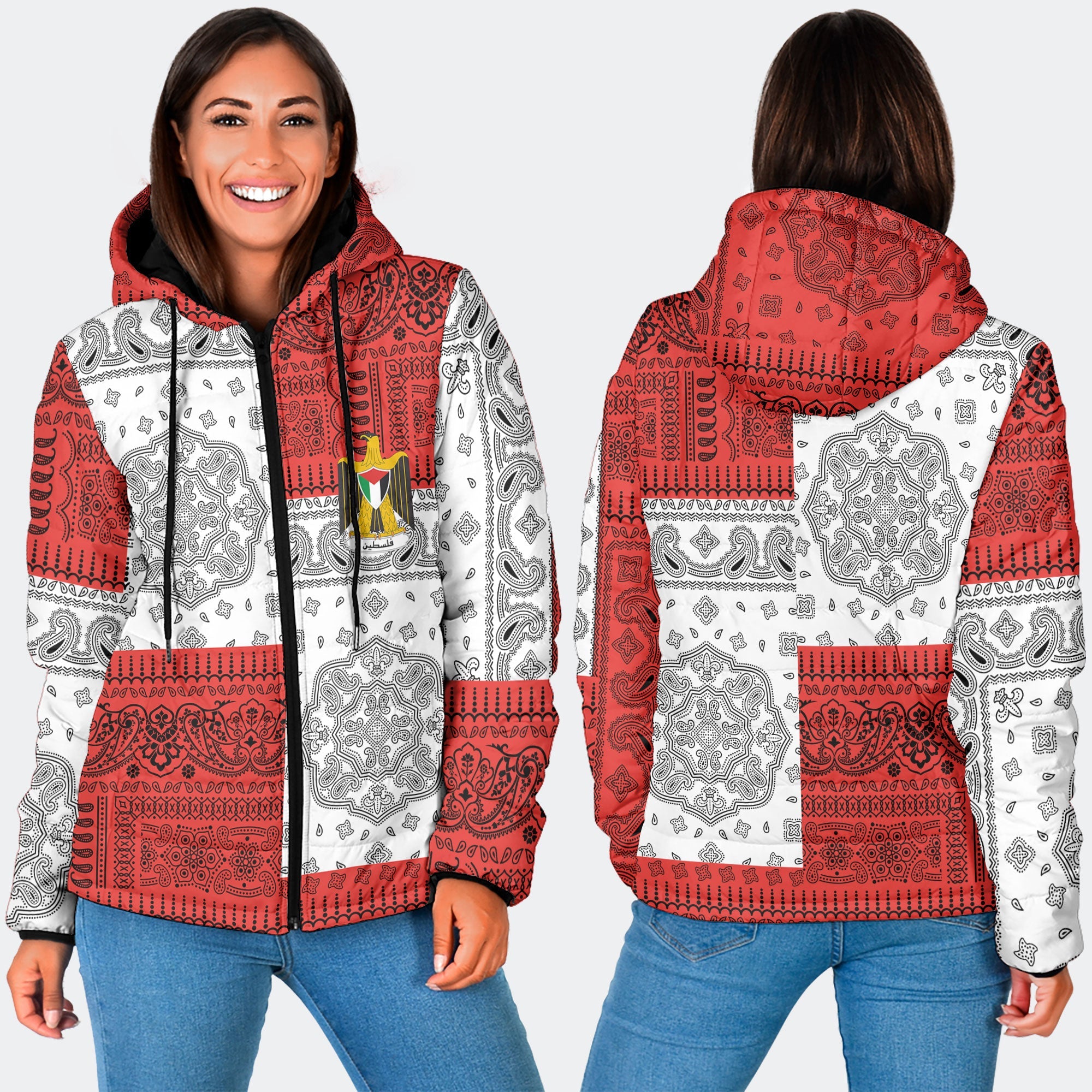 Palestine Women Hooded Padded Jacket Flag And Paisley Basic Style 3