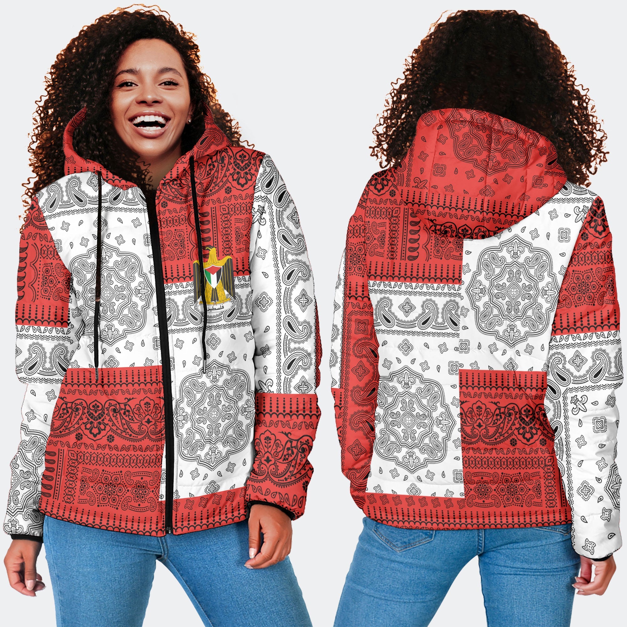 Palestine Women Hooded Padded Jacket Flag And Paisley Basic Style 4