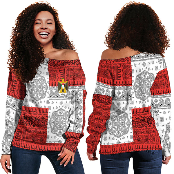 Palestine Women Off Shoulder Sweatshirt Flag And Paisley Basic Style 1