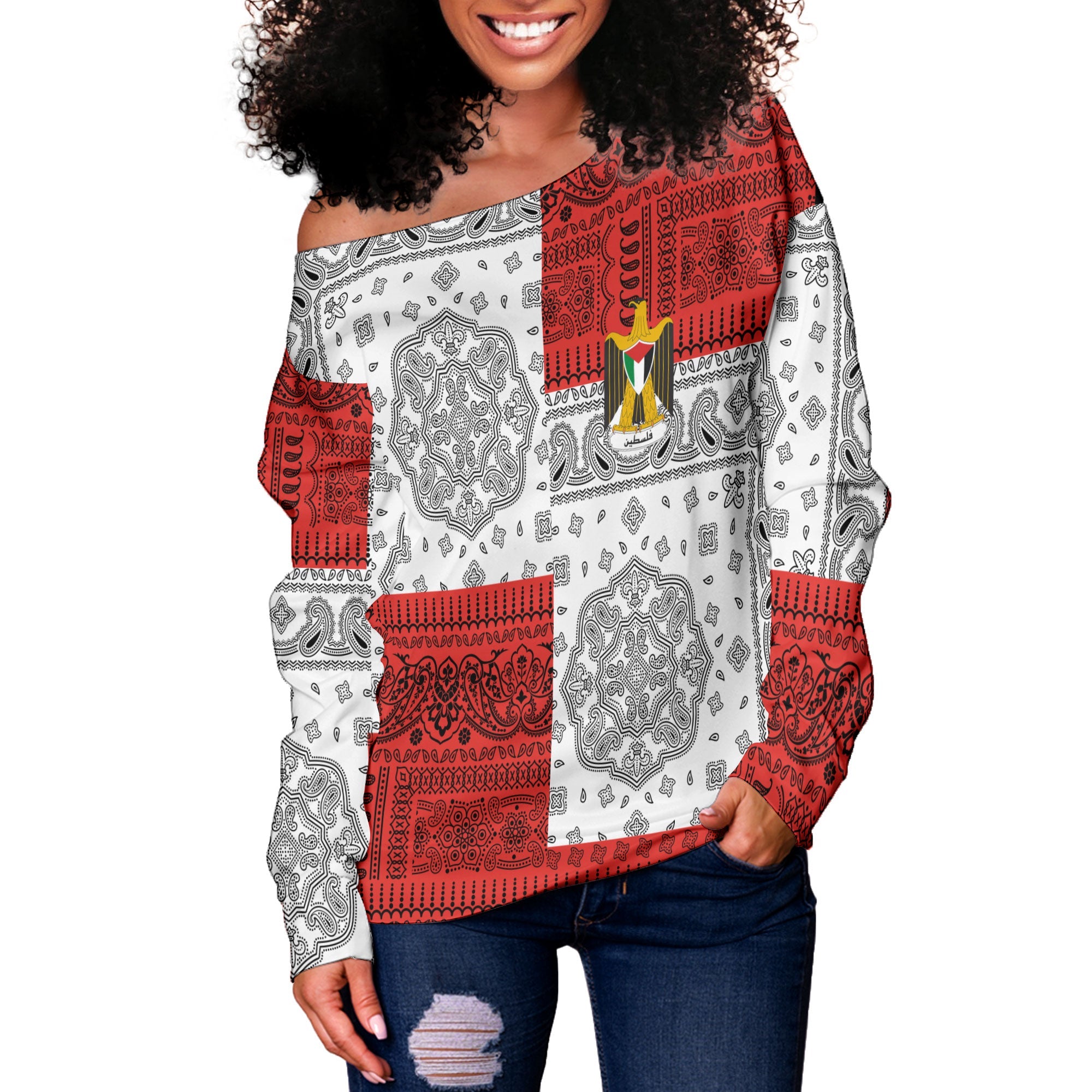 Palestine Women Off Shoulder Sweatshirt Flag And Paisley Basic Style 2