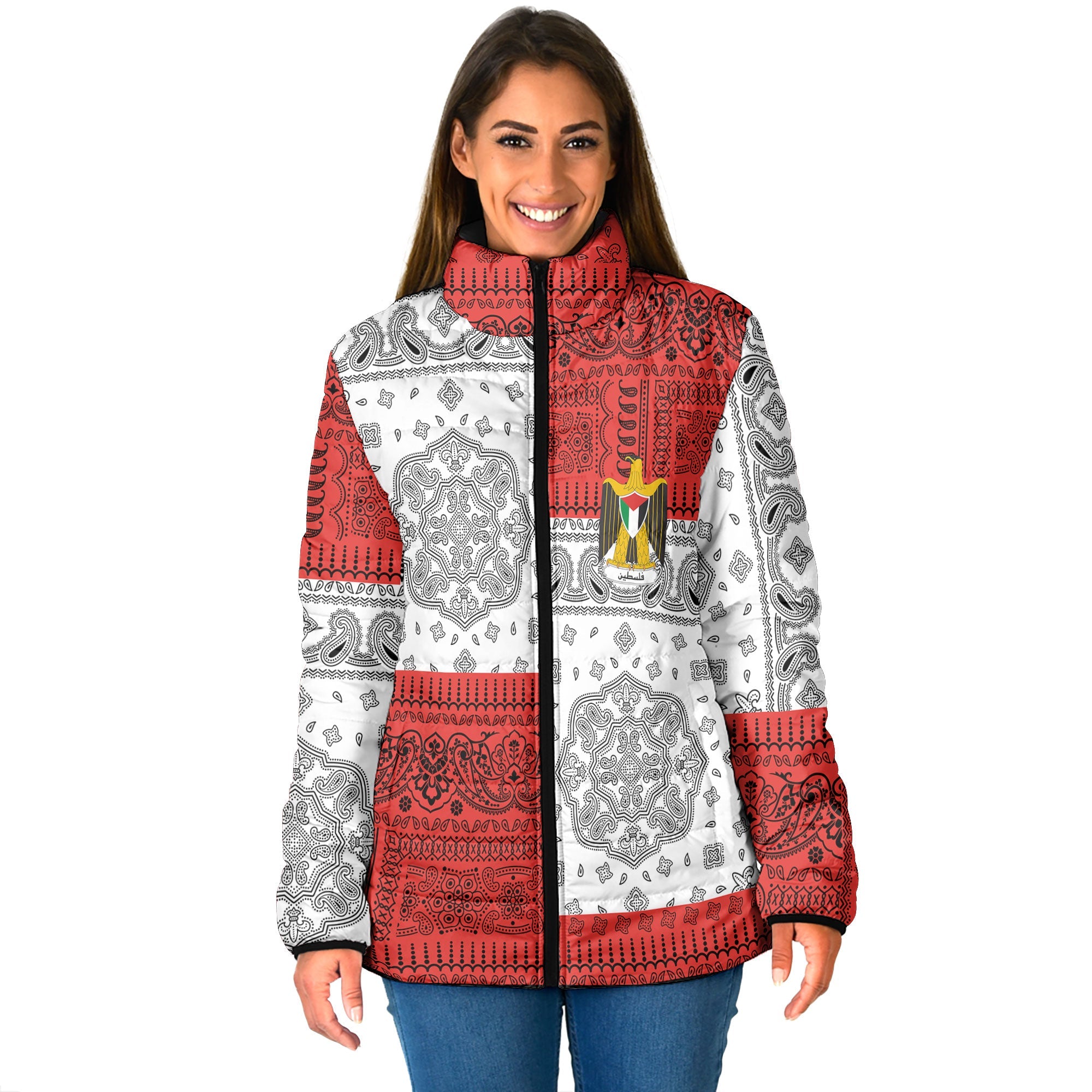 Palestine Women Padded Jacket Flag And Paisley Basic Style 1