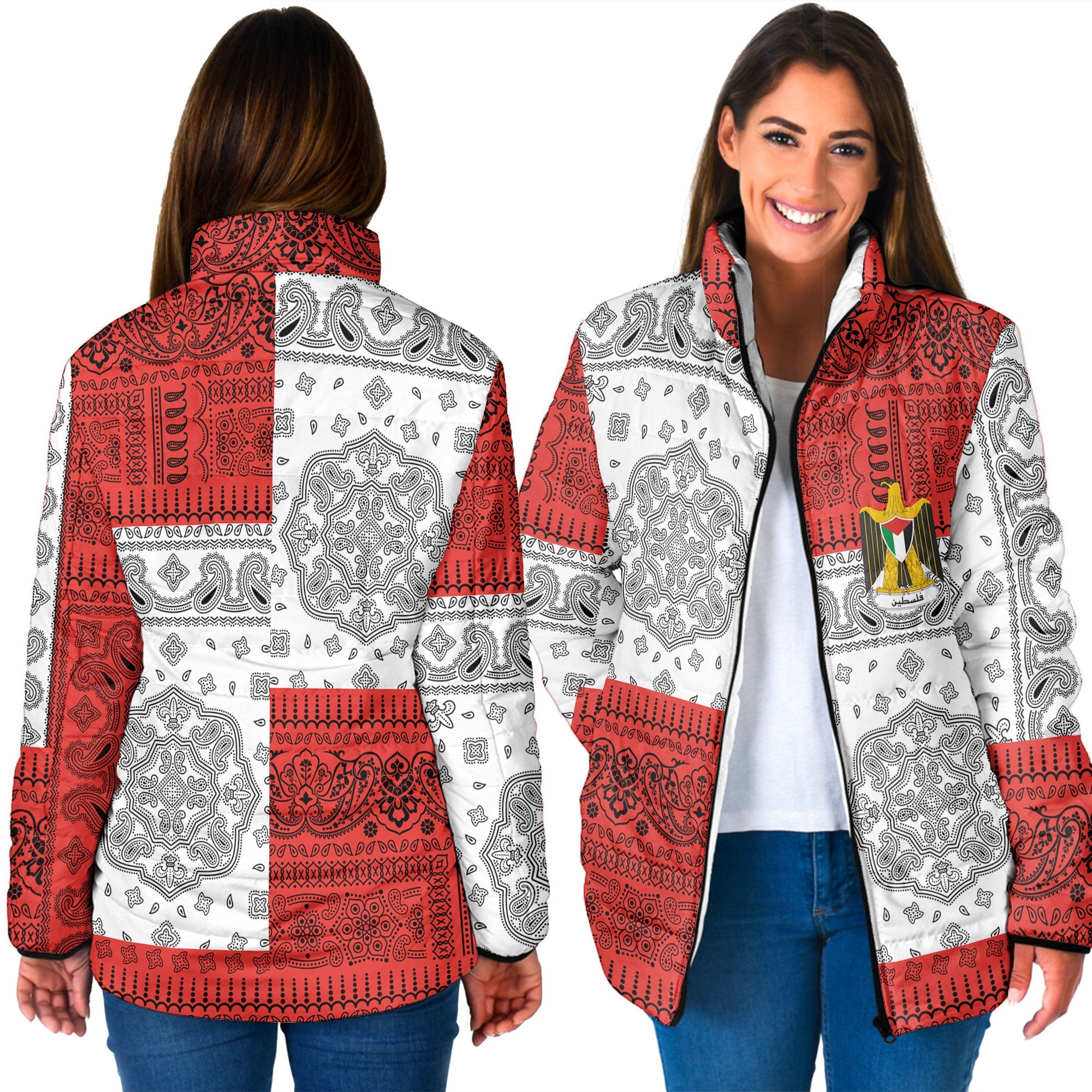 Palestine Women Padded Jacket Flag And Paisley Basic Style 3