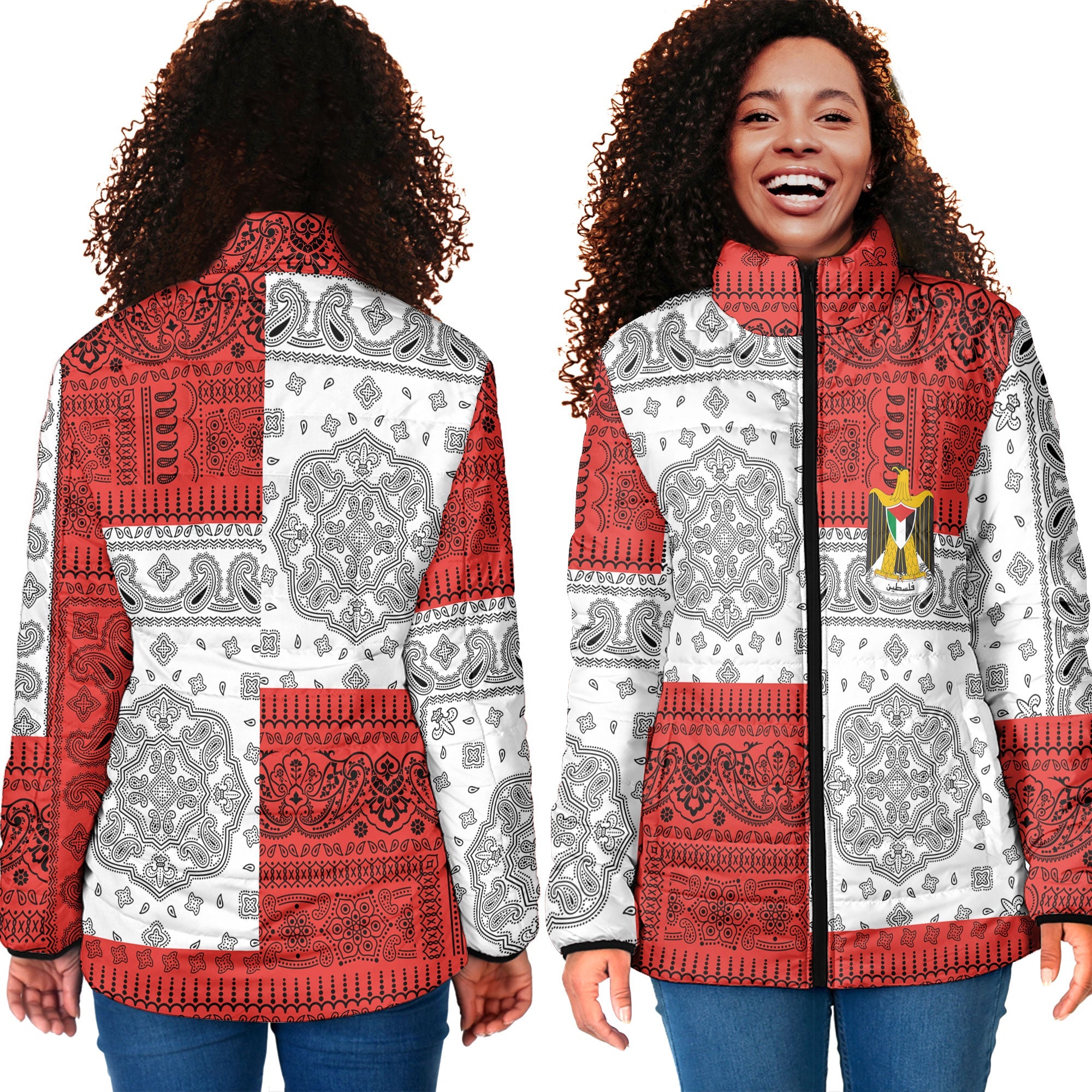 Palestine Women Padded Jacket Flag And Paisley Basic Style 4