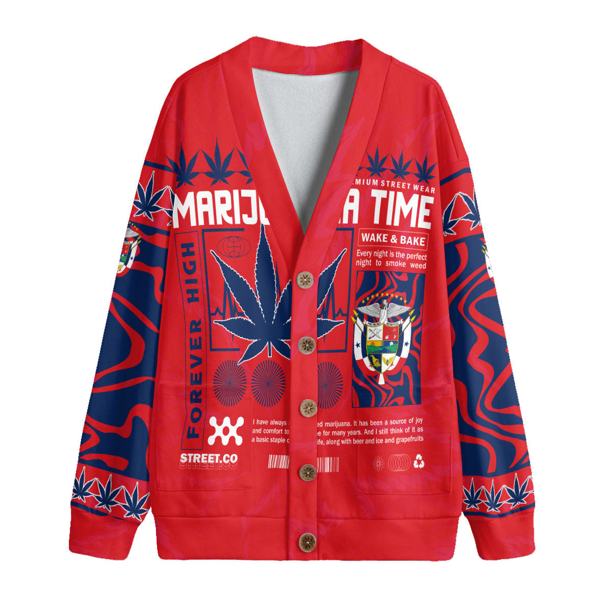 Panama Fleece Cardigan Flag & Coat Of Arms Marijuanas Style